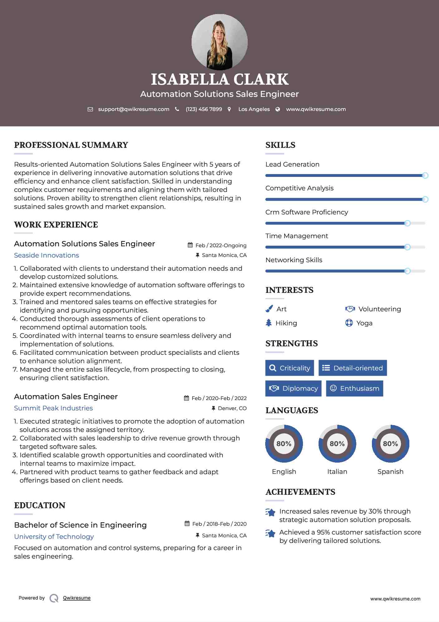 Automation Solutions Sales Engineer Resume Model