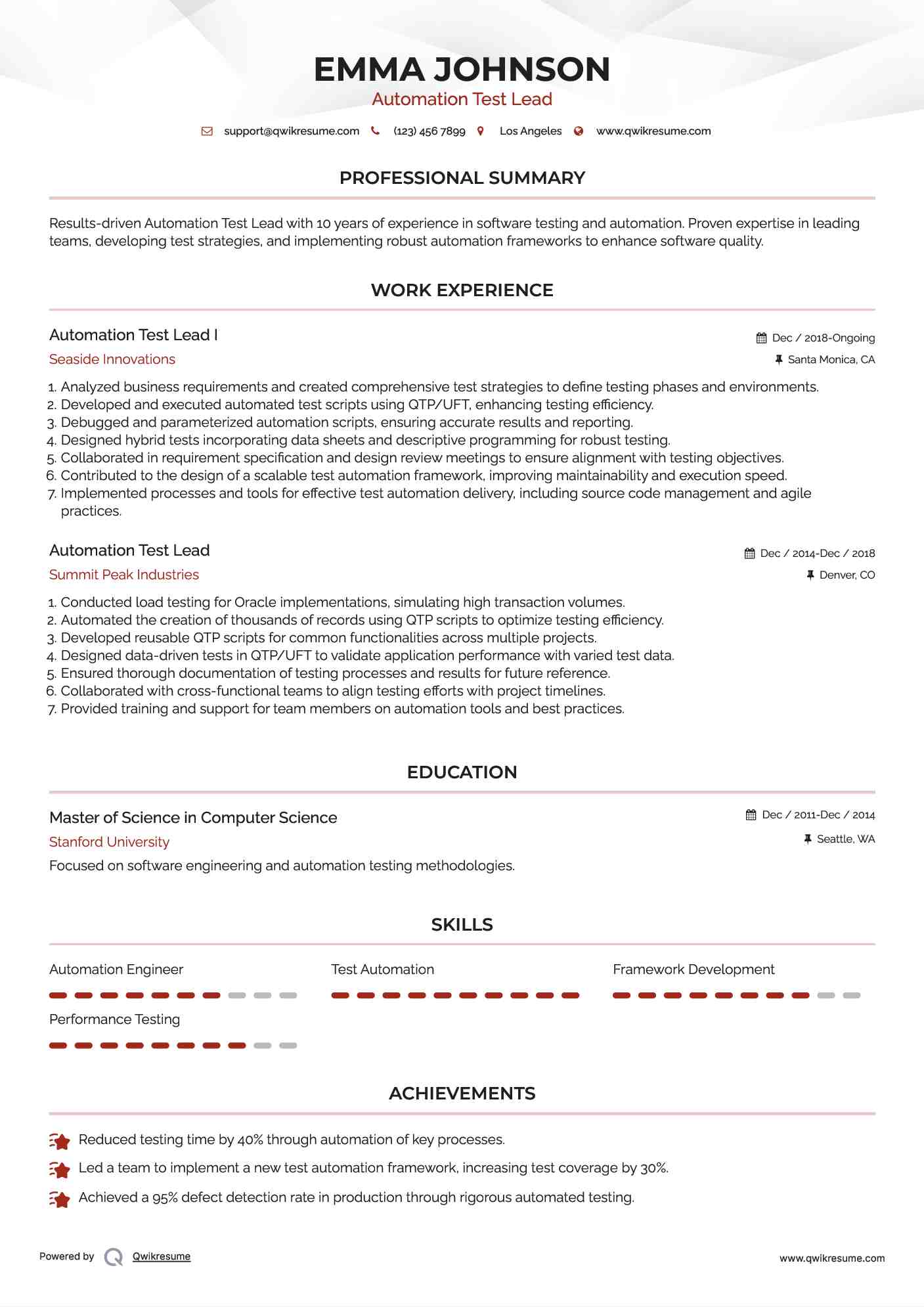 Automation Test Lead I Resume Template