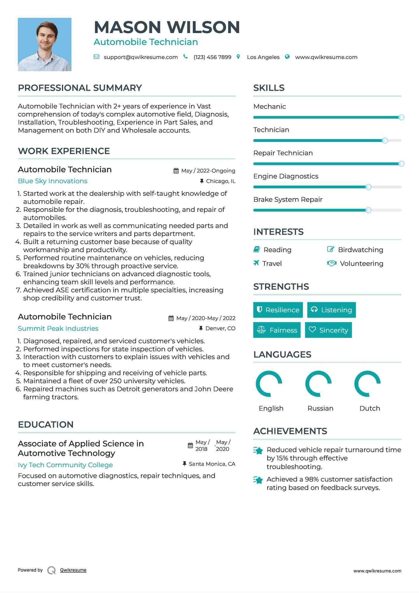 Automobile Technician Resume Format