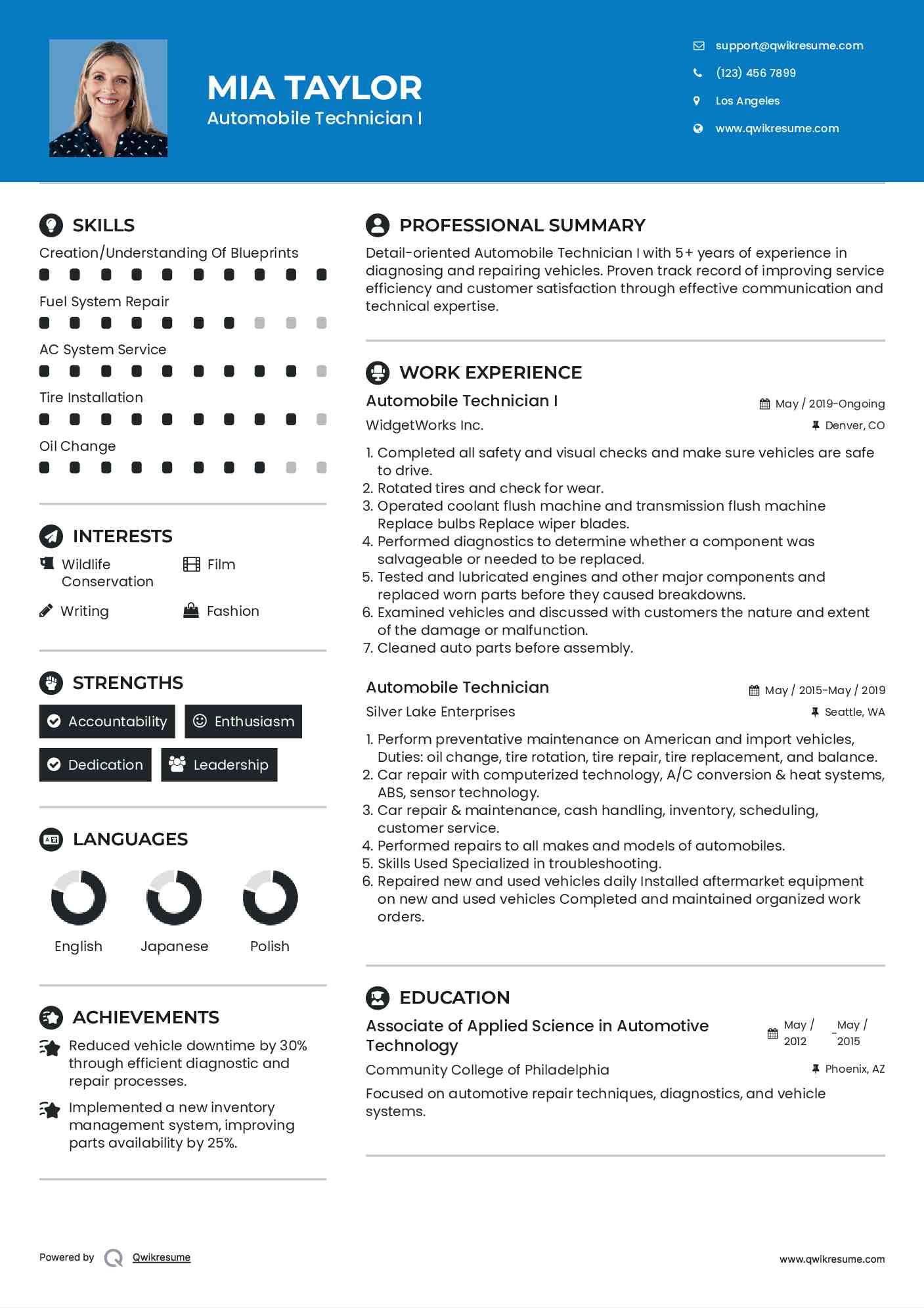 Automobile Technician I Resume Format