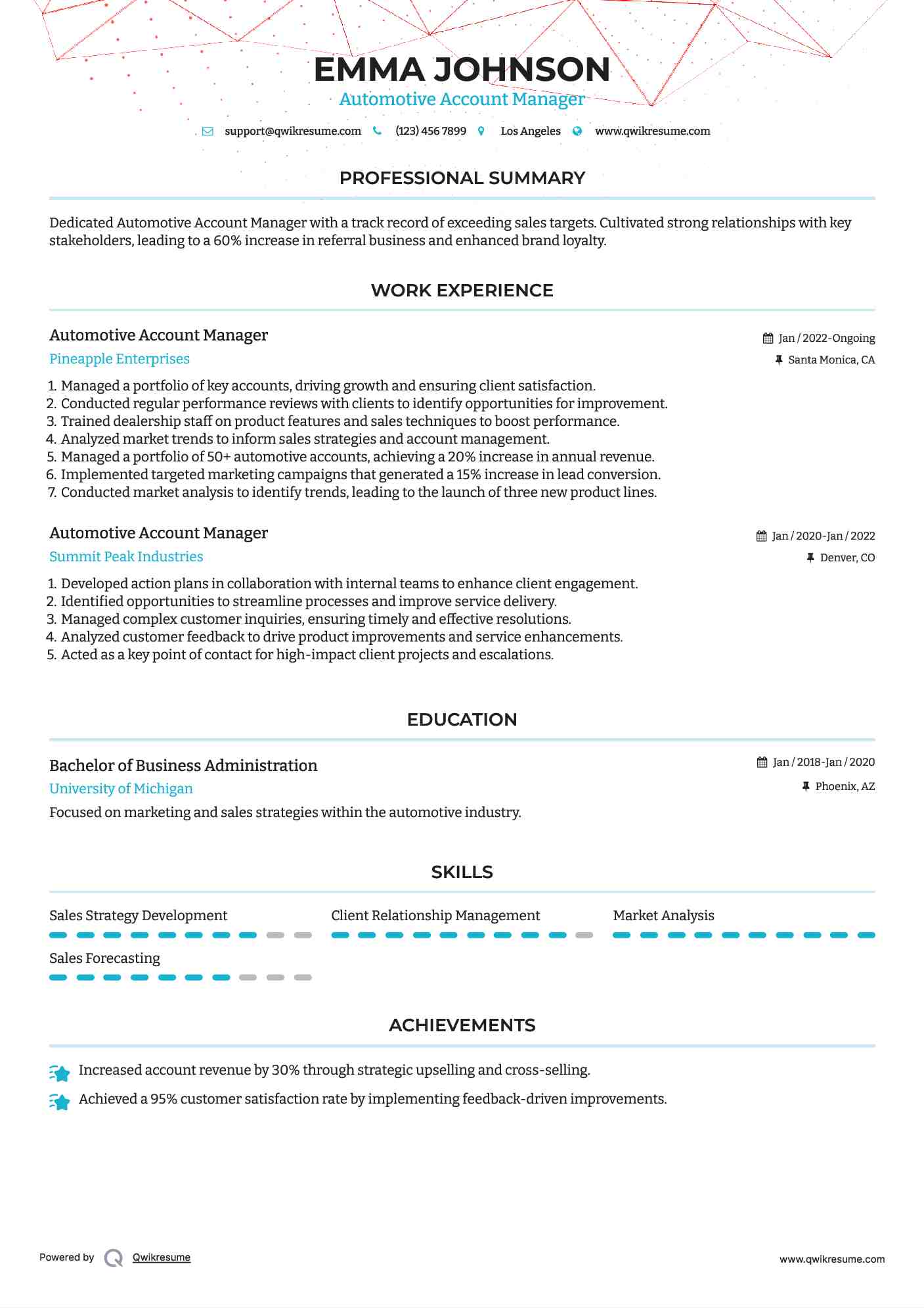 Automotive Account Manager Resume Sample