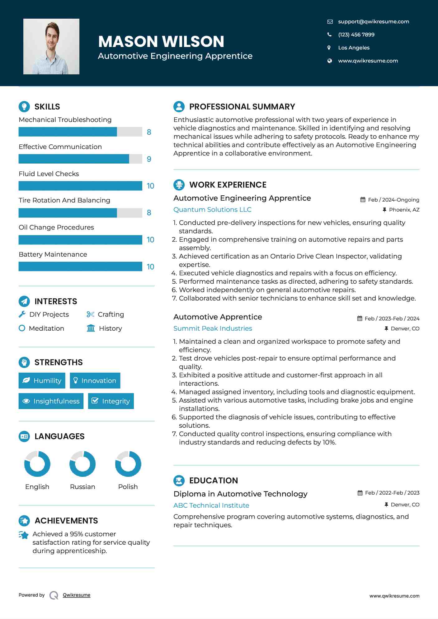 Automotive Apprentice Resume Samples QwikResume
