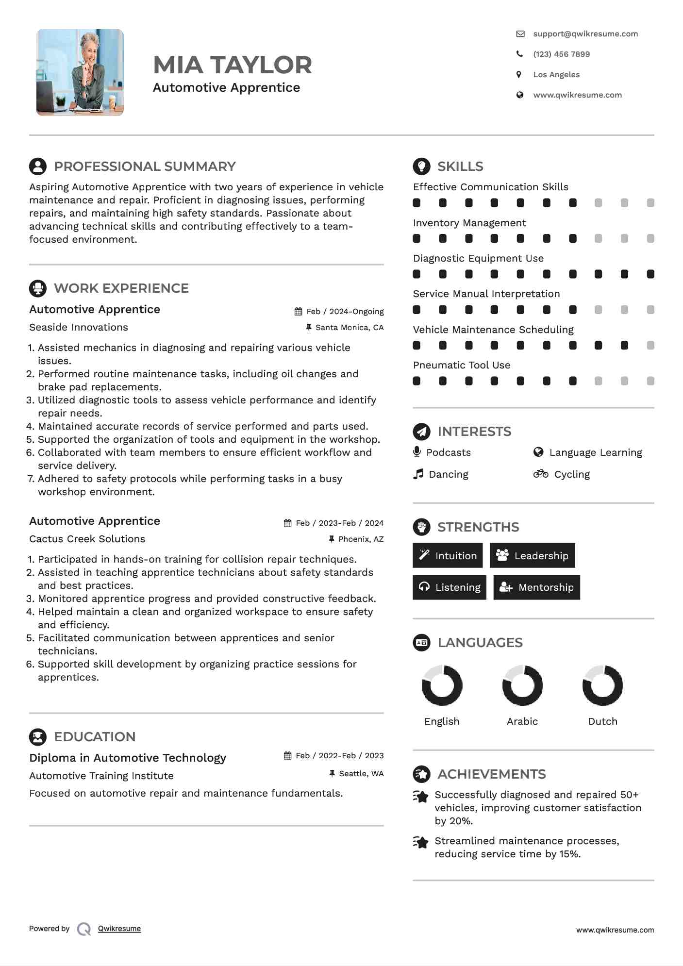 Automotive Apprentice Resume Model