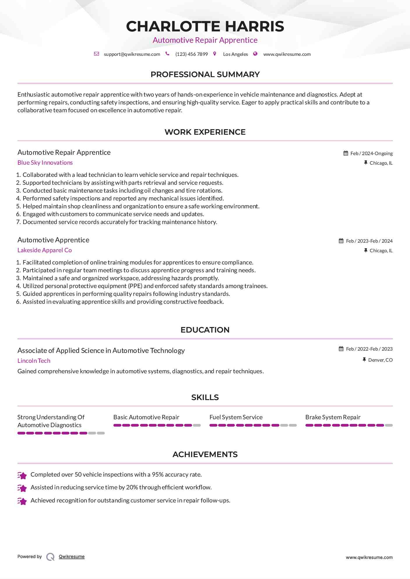 Automotive Repair Apprentice Resume Format