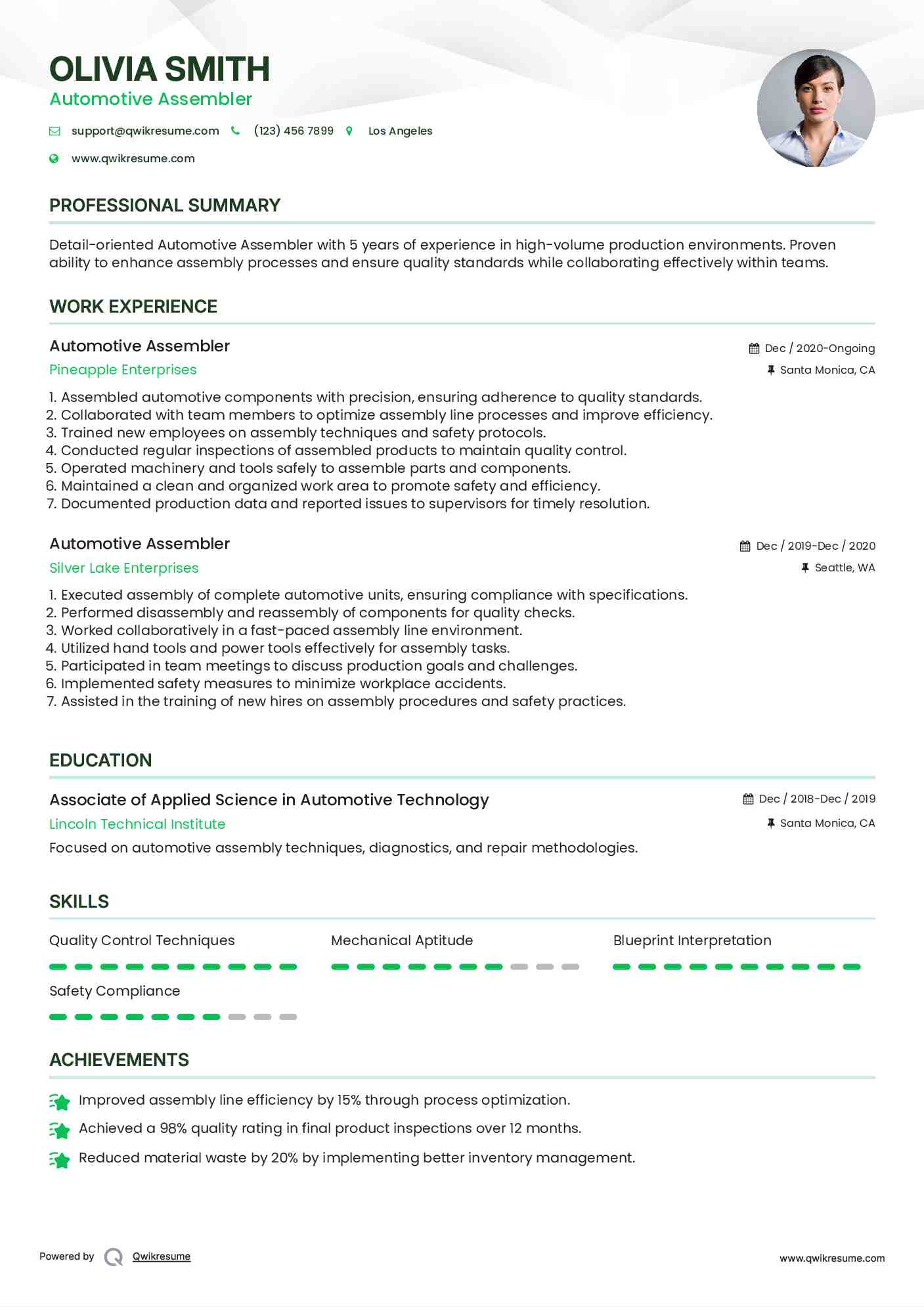 Automotive Assembler Resume Samples QwikResume
