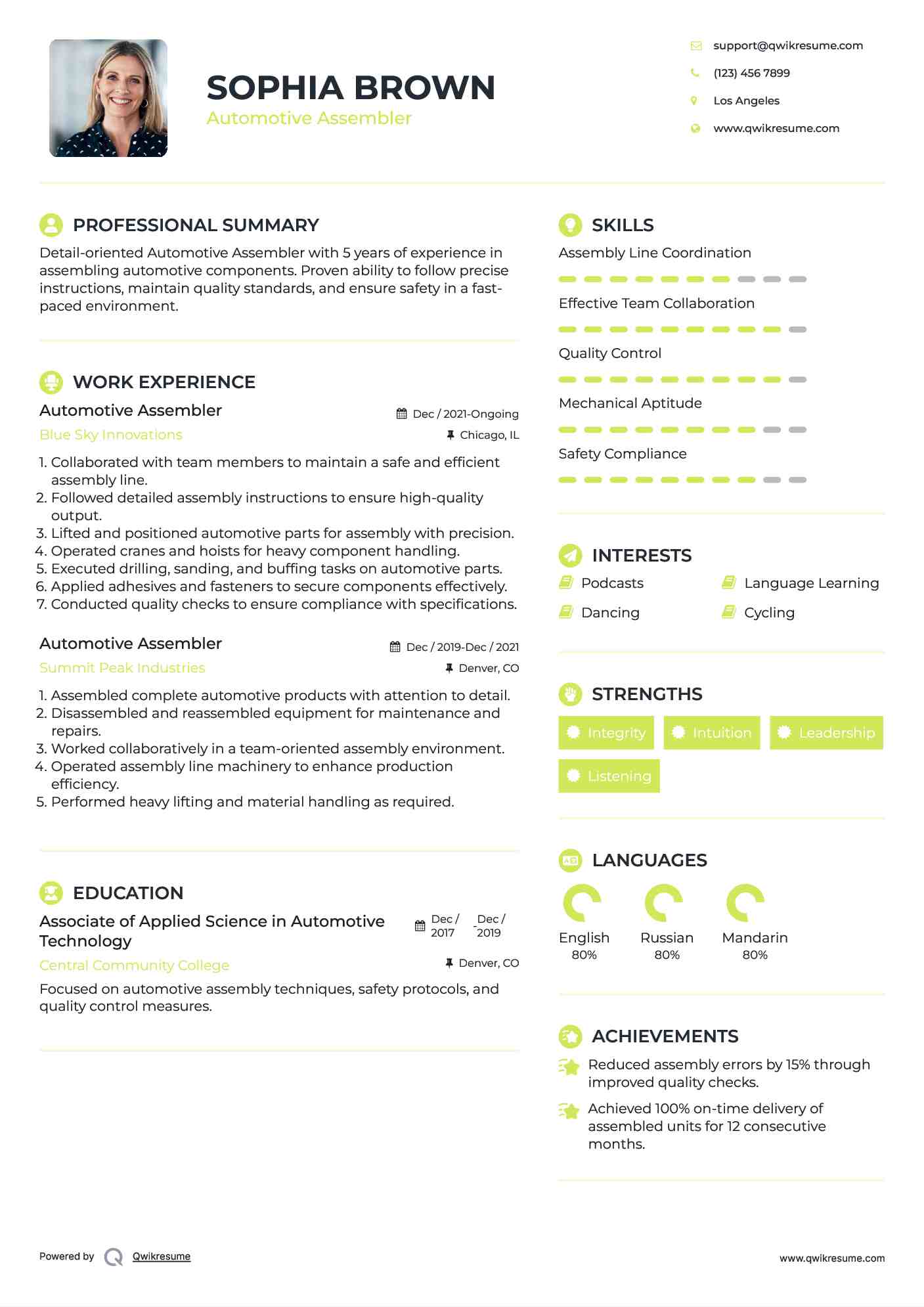Automotive Assembler Resume Samples QwikResume