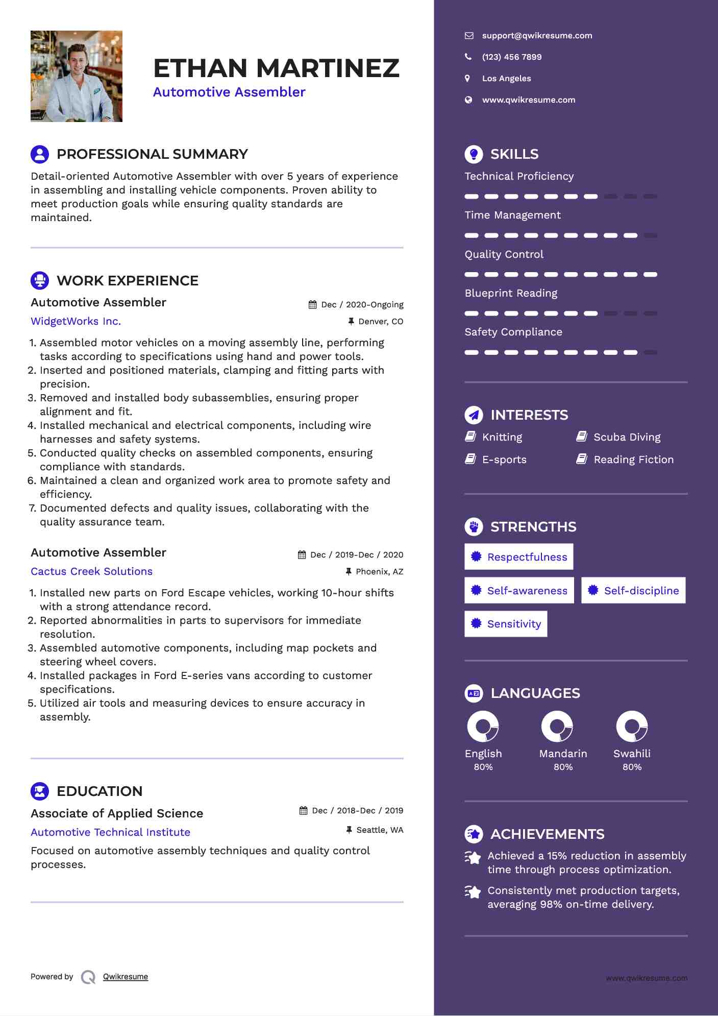 Automotive Assembler Resume Samples QwikResume
