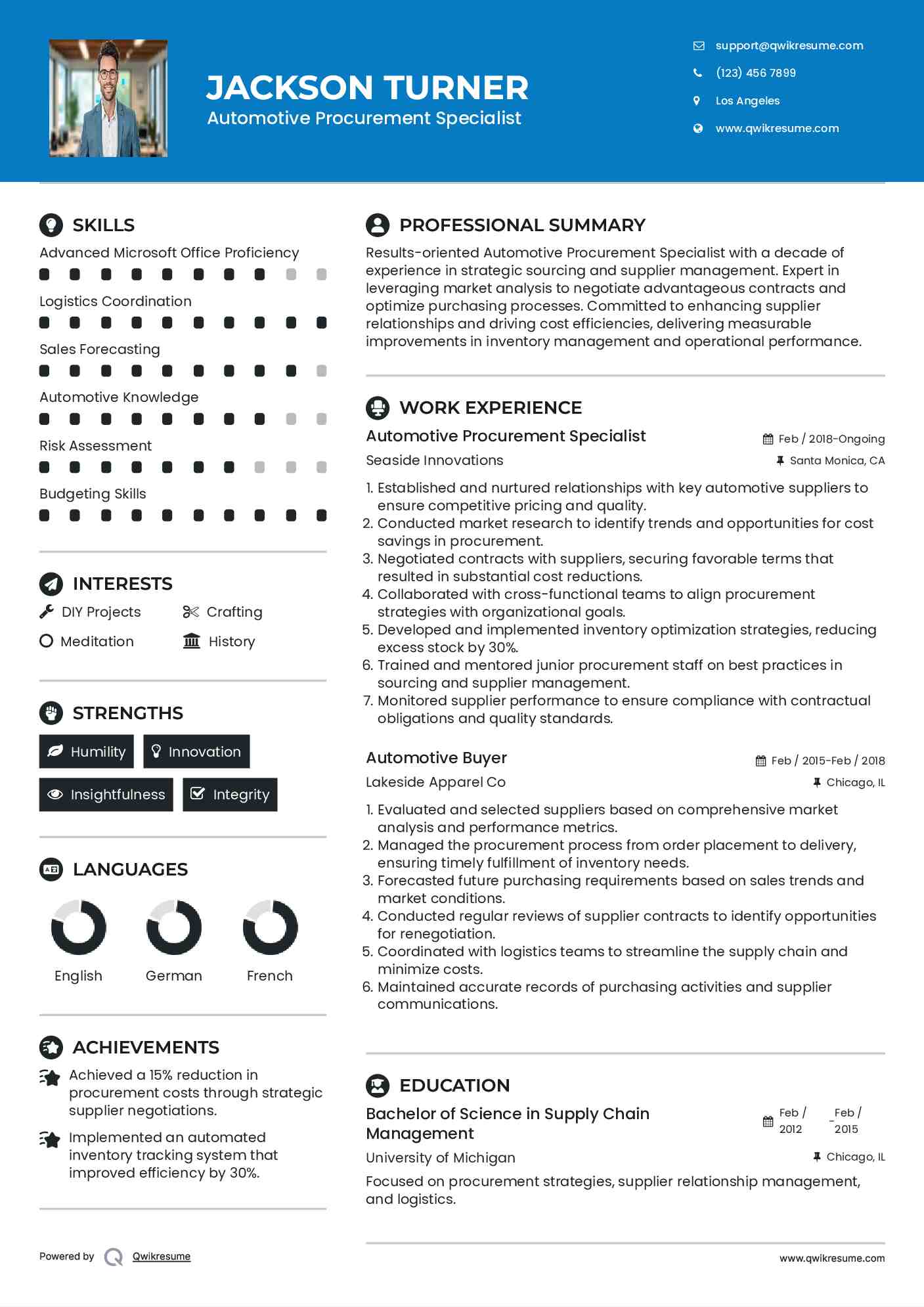 Automotive Procurement Specialist Resume Model