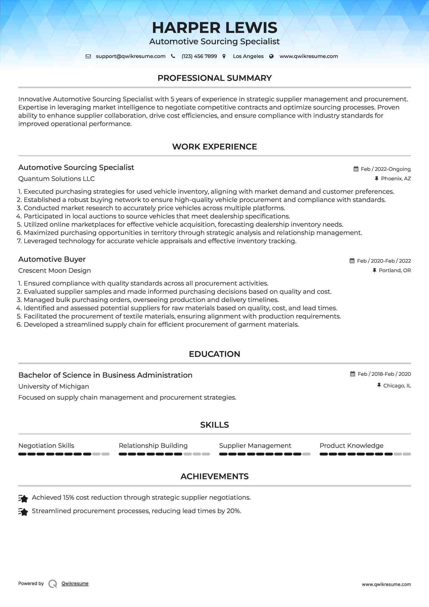 Automotive Sourcing Specialist Resume Model