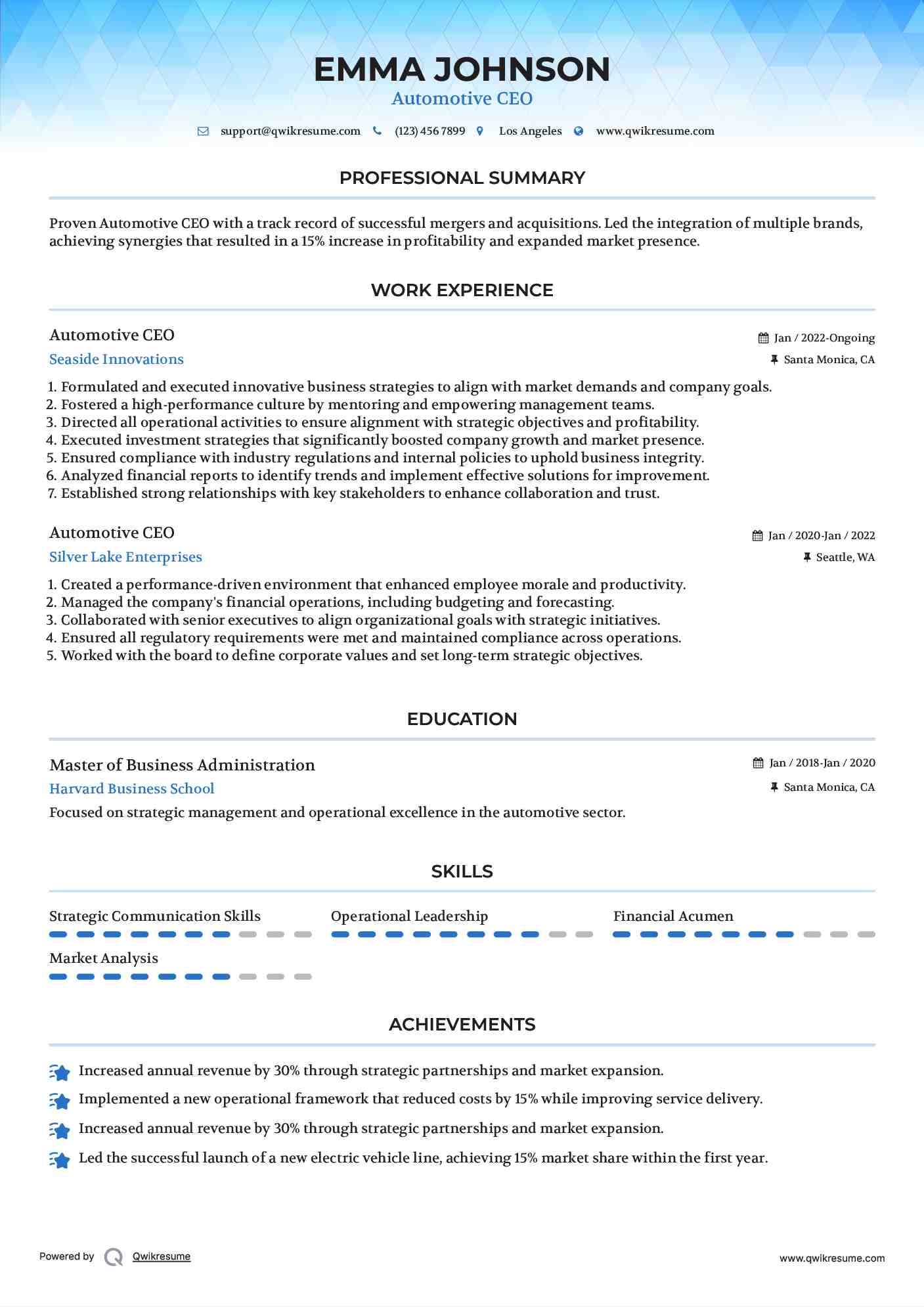 Automotive CEO Resume Example