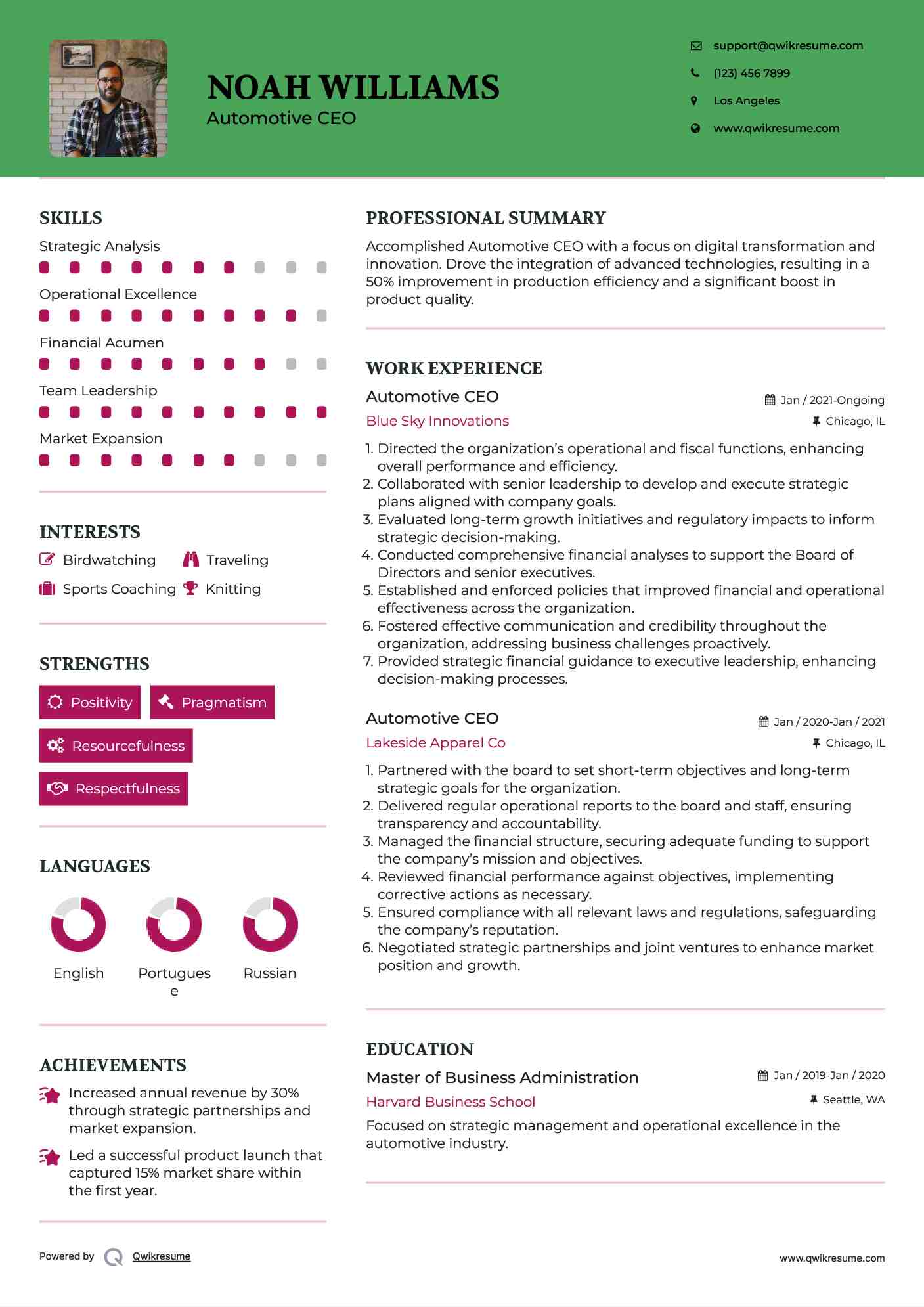 Automotive CEO Resume Sample