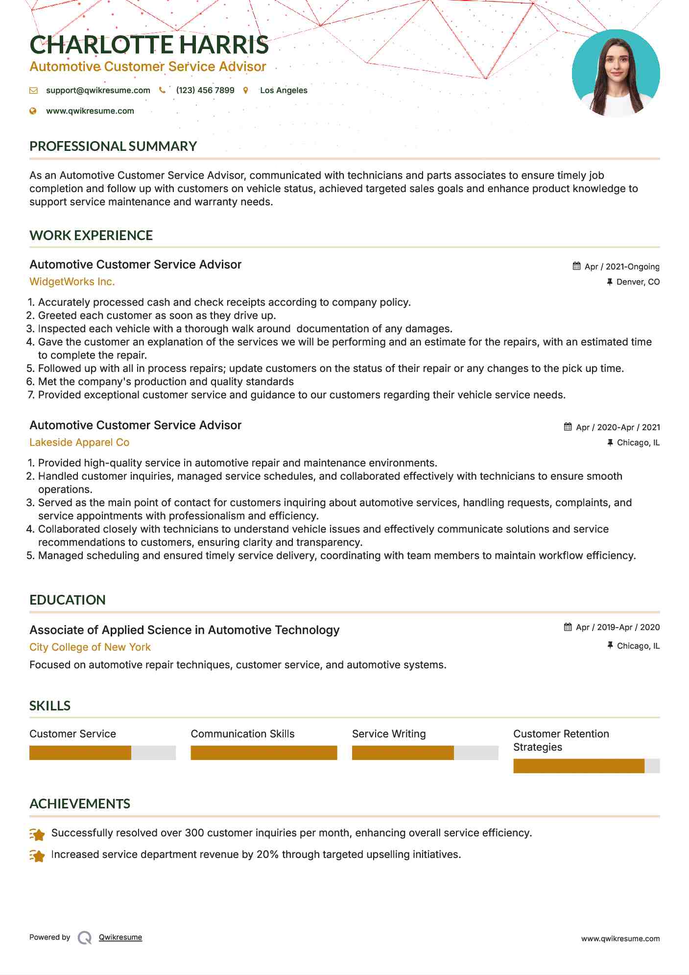 Automotive Customer Service Advisor Resume Sample