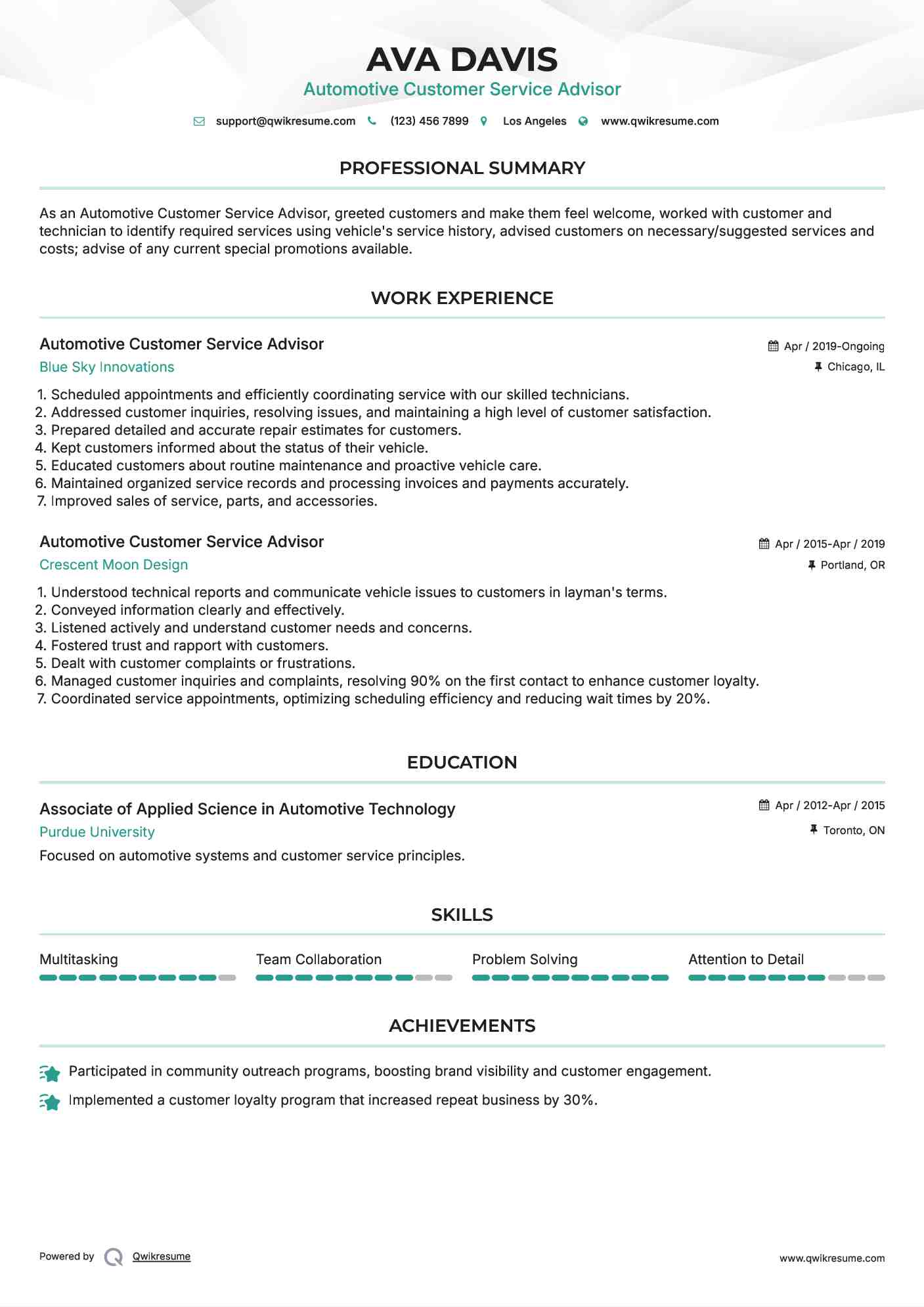 Automotive Customer Service Advisor Resume Example