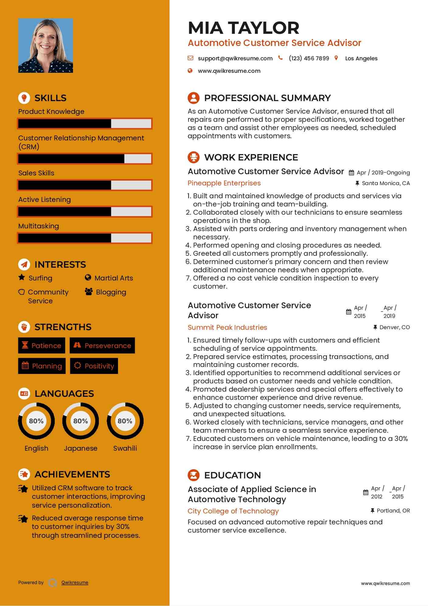 Automotive Customer Service Advisor Resume Model