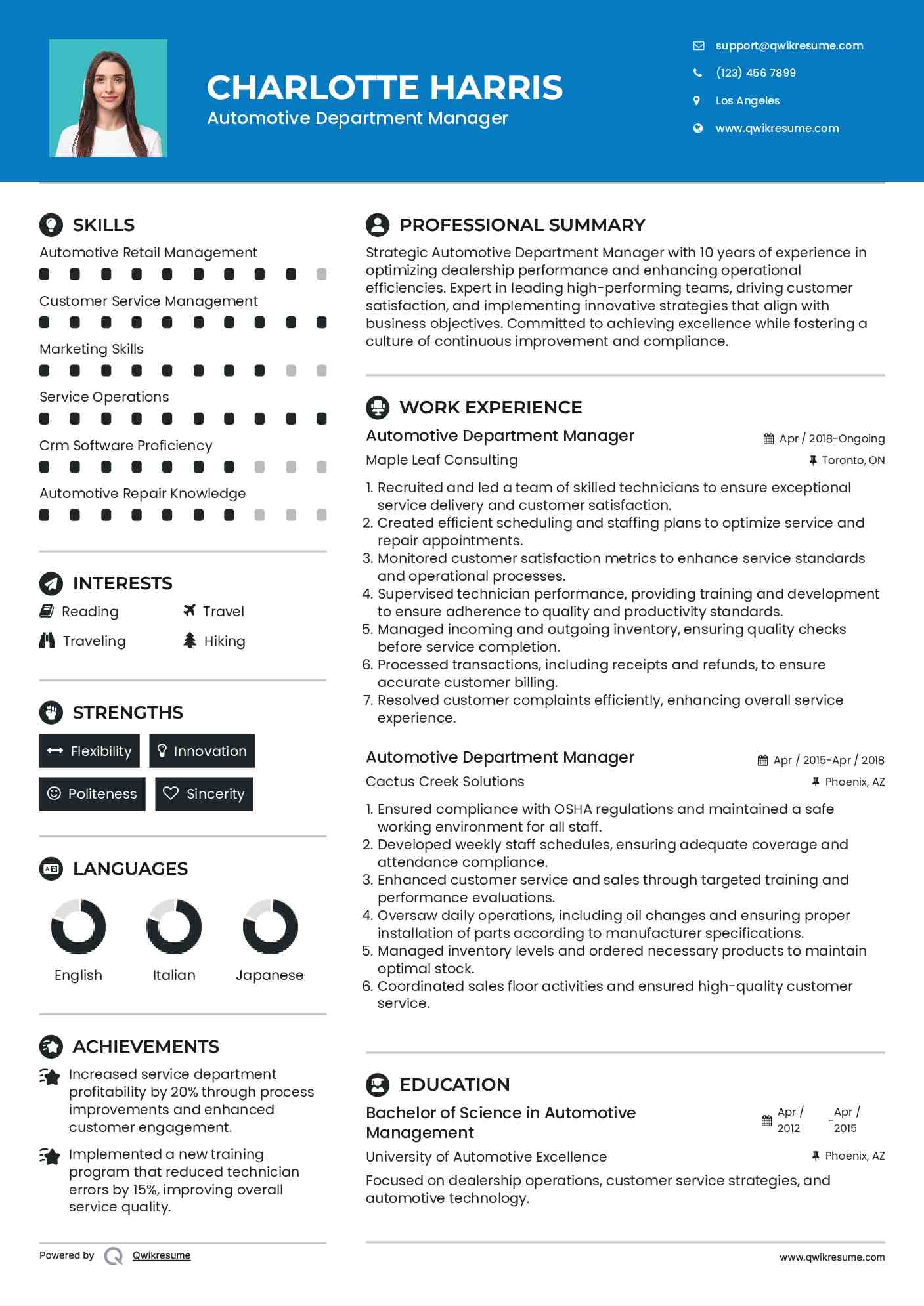 Automotive Department Manager Resume Sample