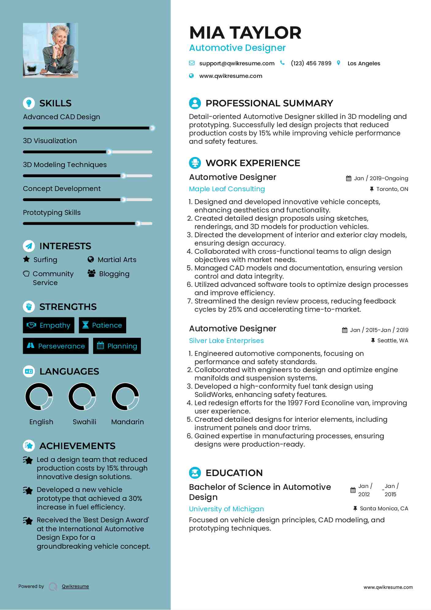 Automotive Designer Resume Example