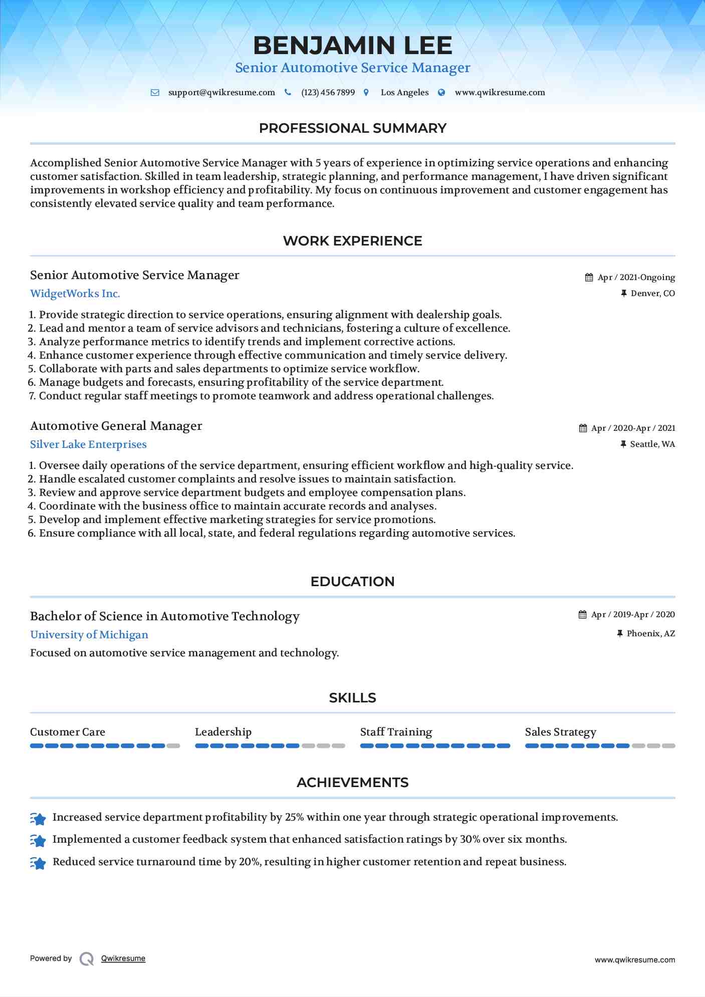 Senior Automotive Service Manager Resume Example