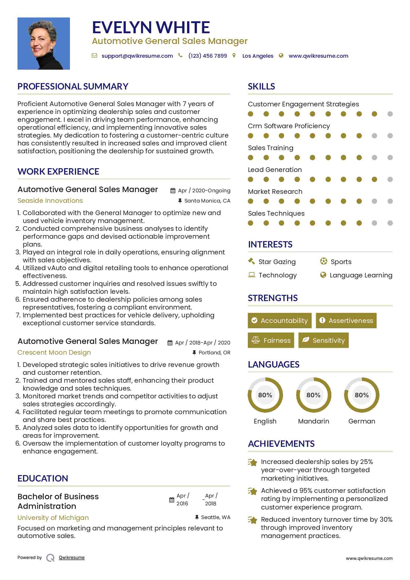 Automotive General Sales Manager Resume Template