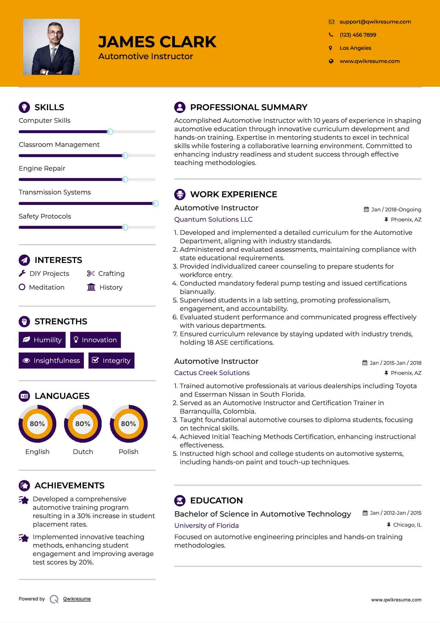 Automotive Instructor Resume Model
