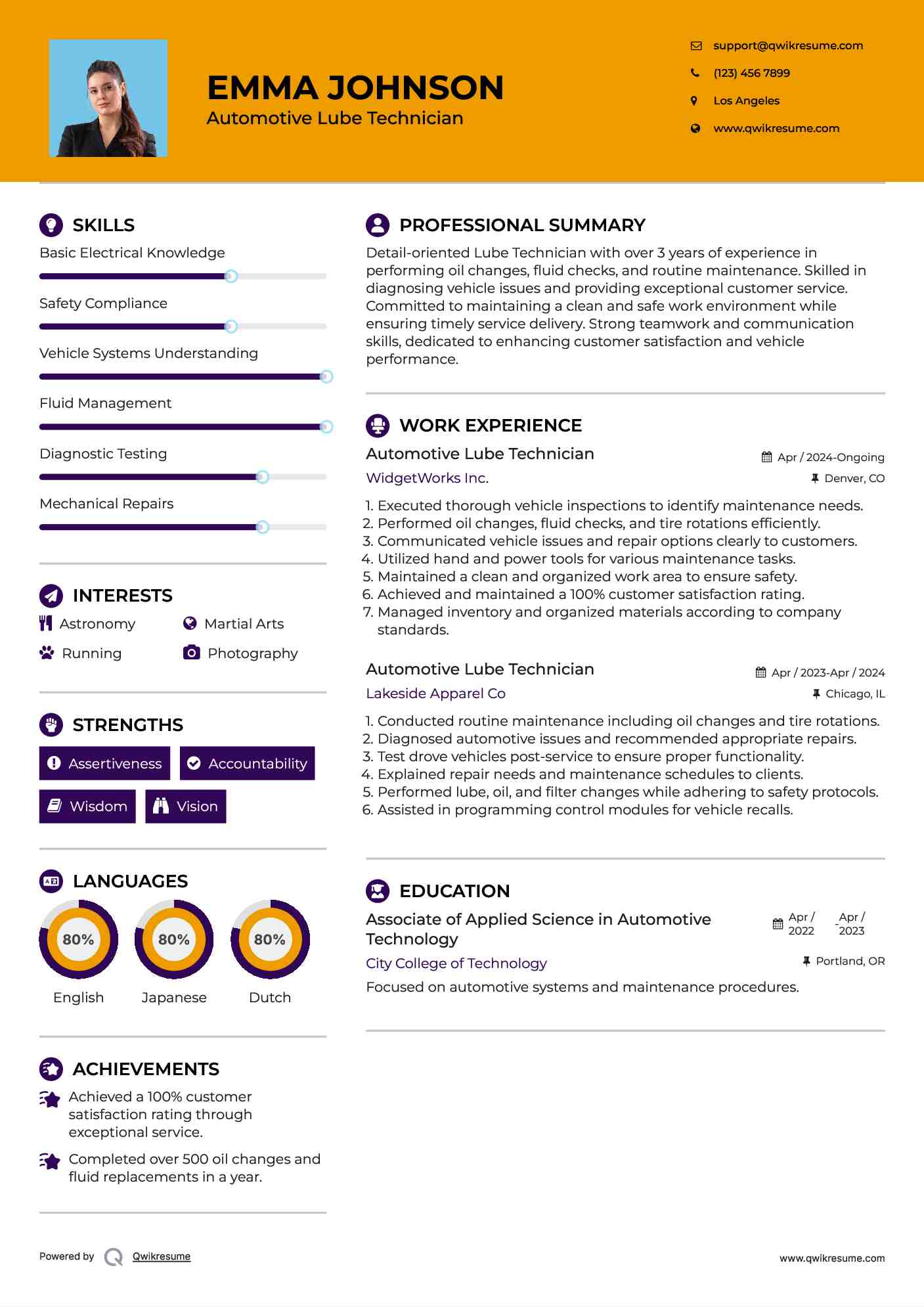 Automotive Lube Technician Resume Samples QwikResume