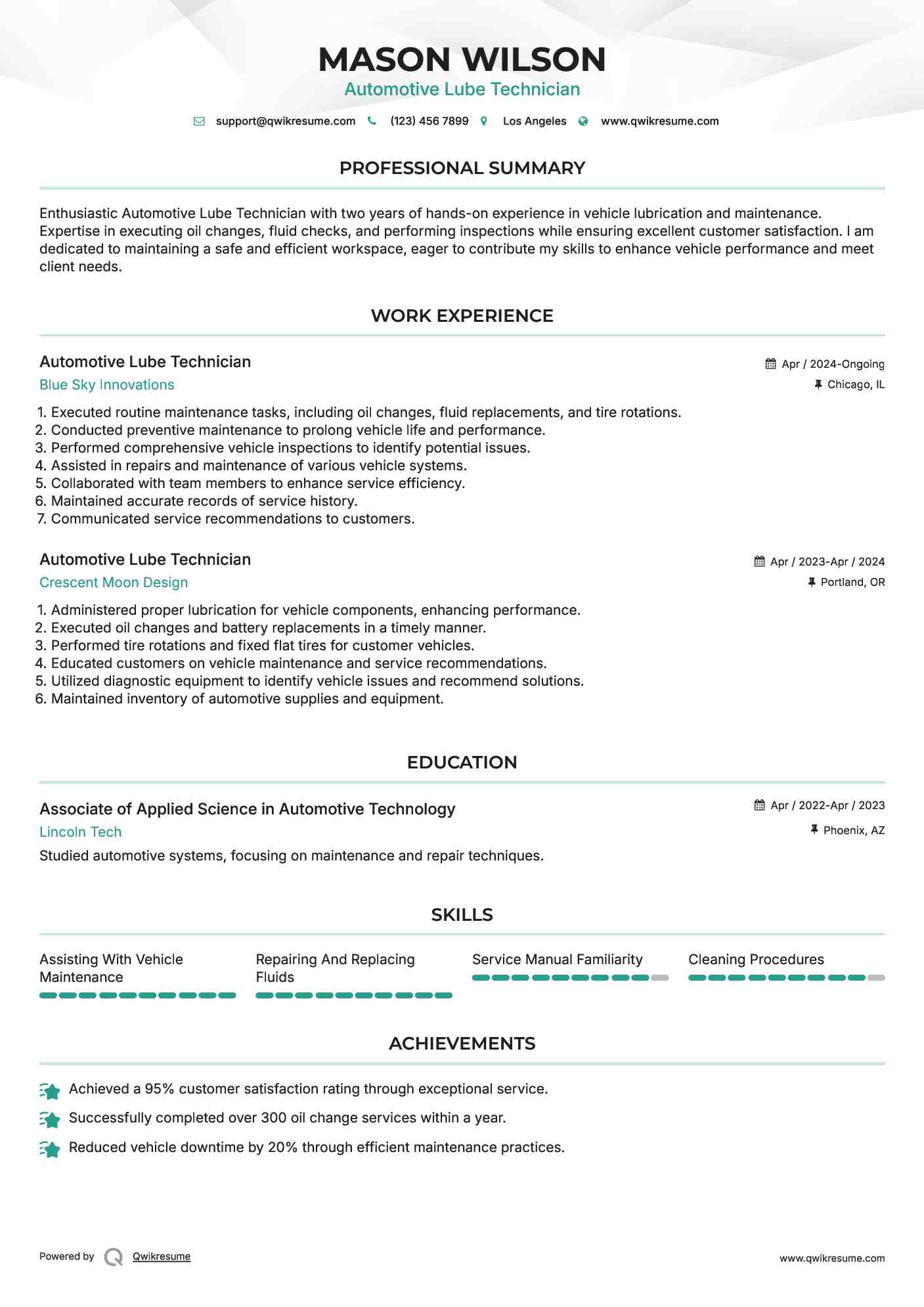 Automotive Lube Technician Resume Sample