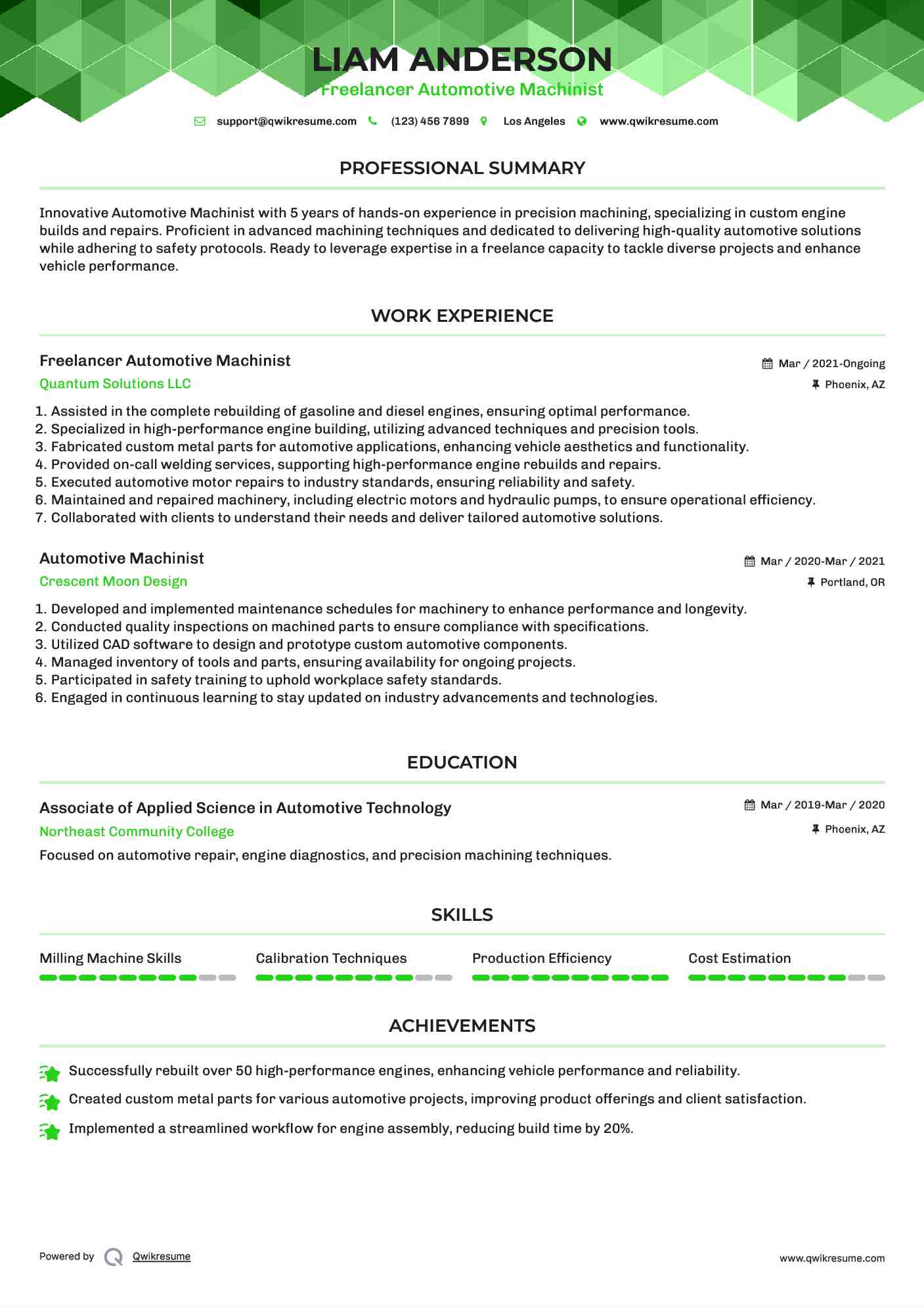 Freelancer Automotive Machinist Resume Format