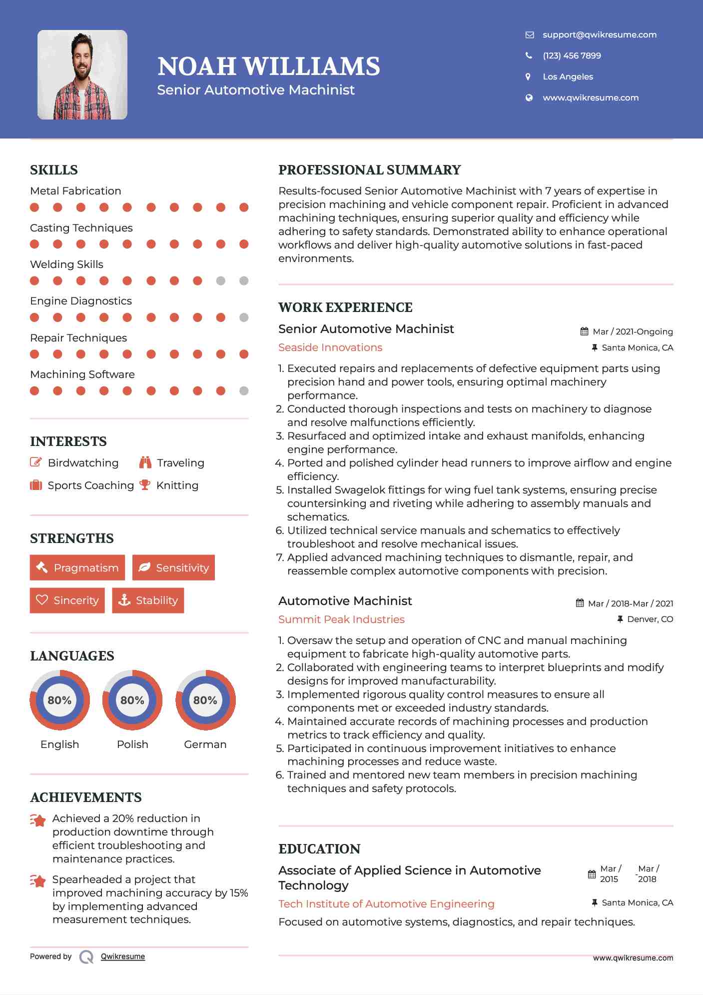 Senior Automotive Machinist  Resume Sample