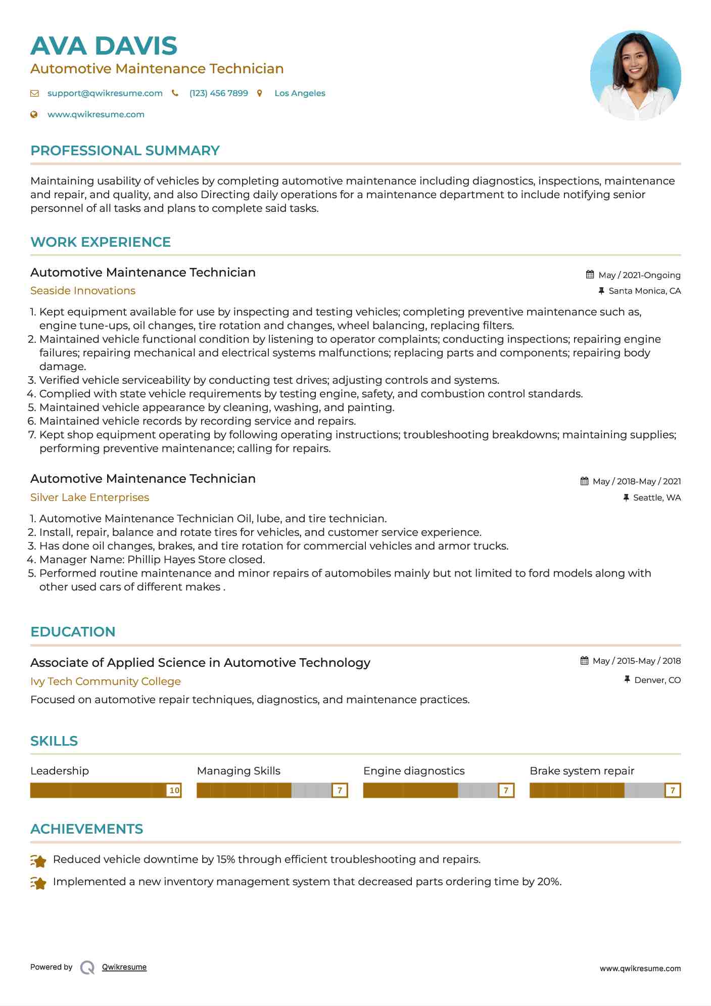 Automotive Maintenance Technician Resume Template