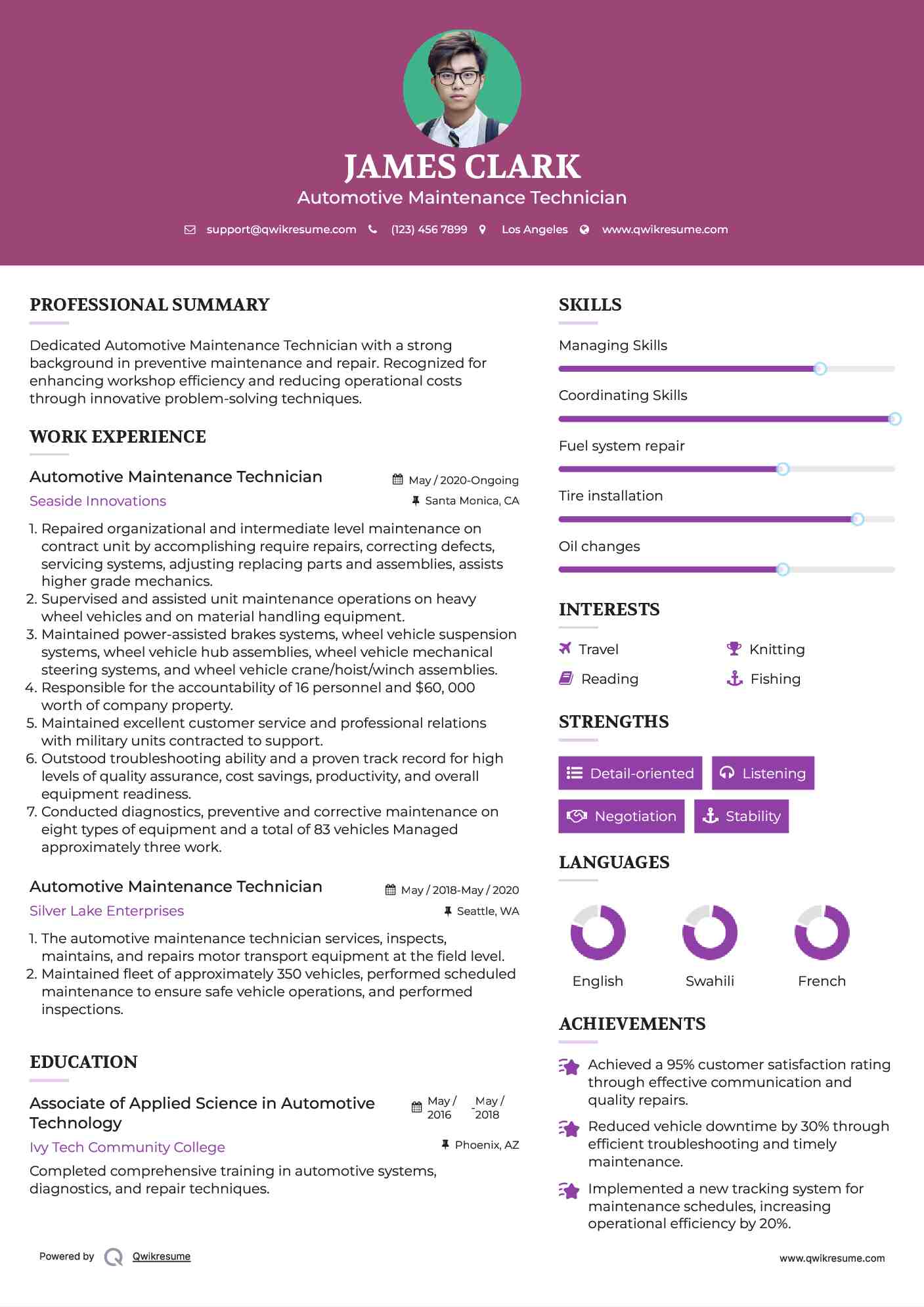 Automotive Maintenance Technician Resume Format