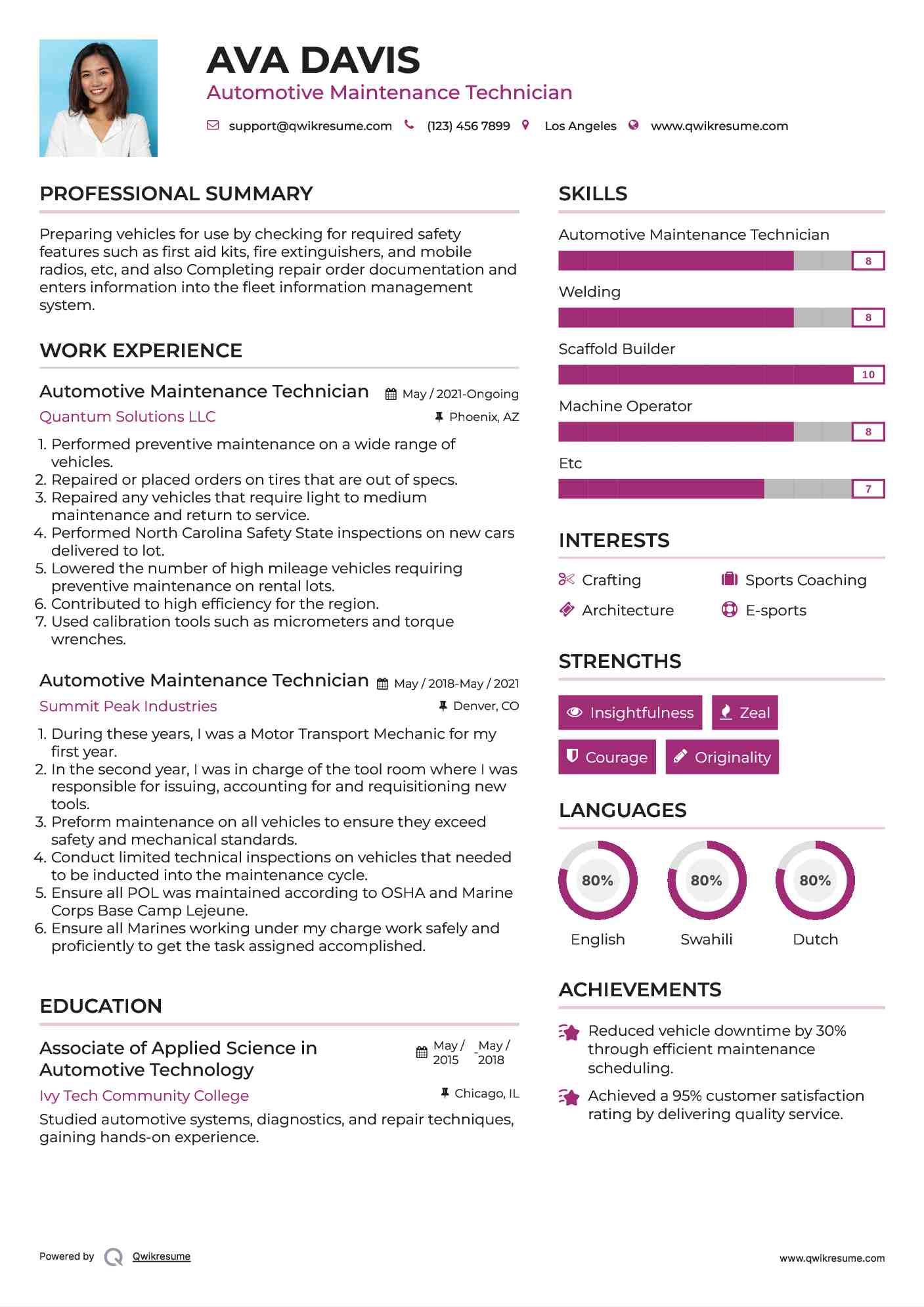 Automotive Maintenance Technician Resume Sample