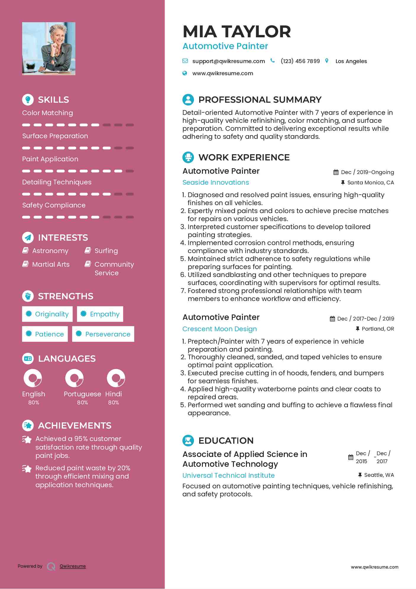 Automotive Painter Resume Samples QwikResume