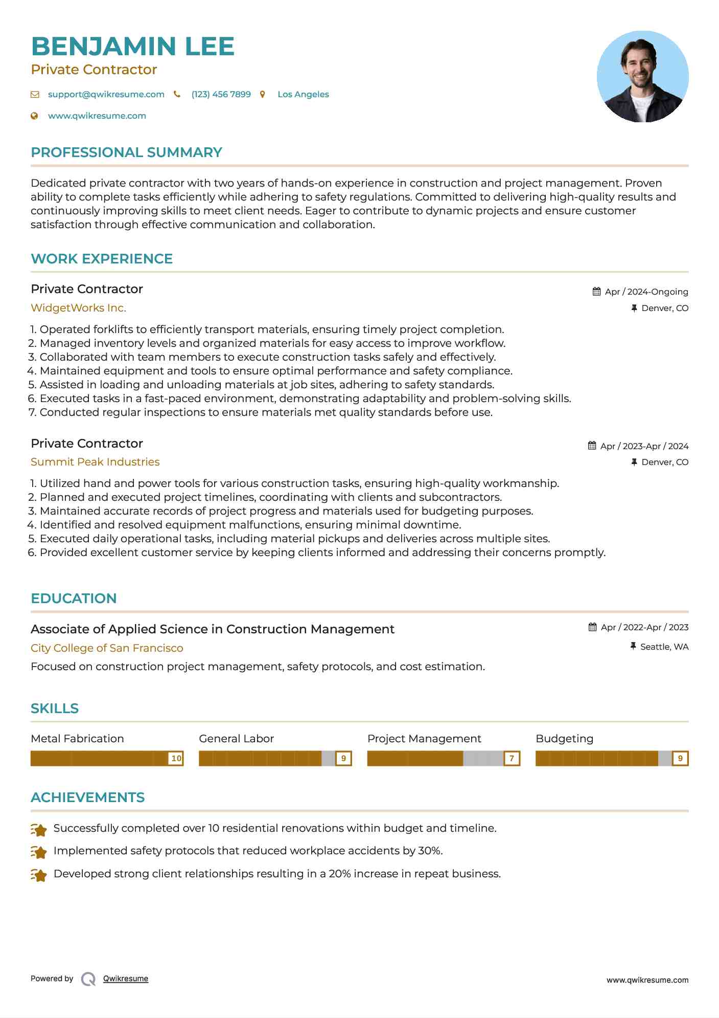 Private Contractor Resume Sample