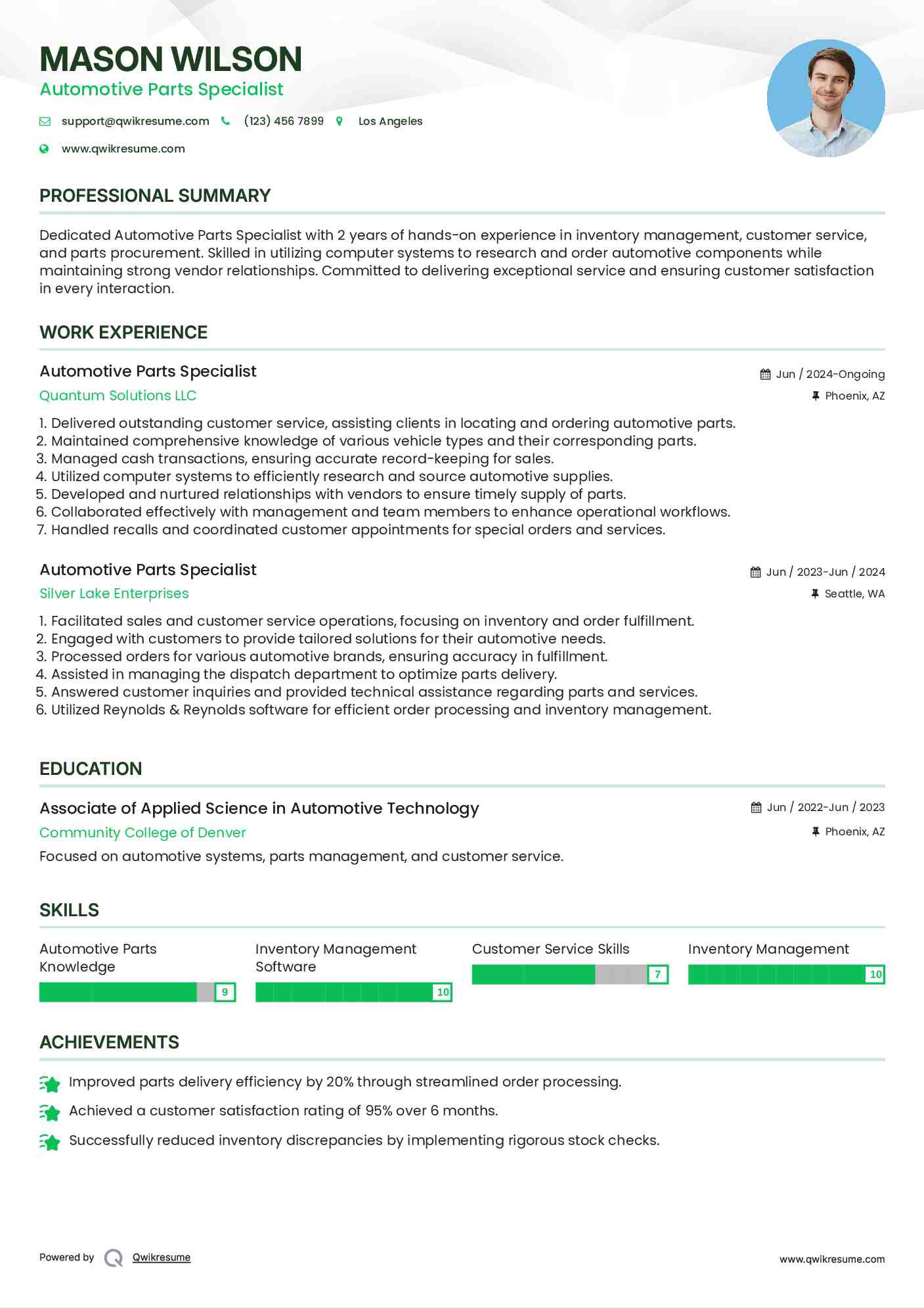 Automotive Parts Specialist Resume Model