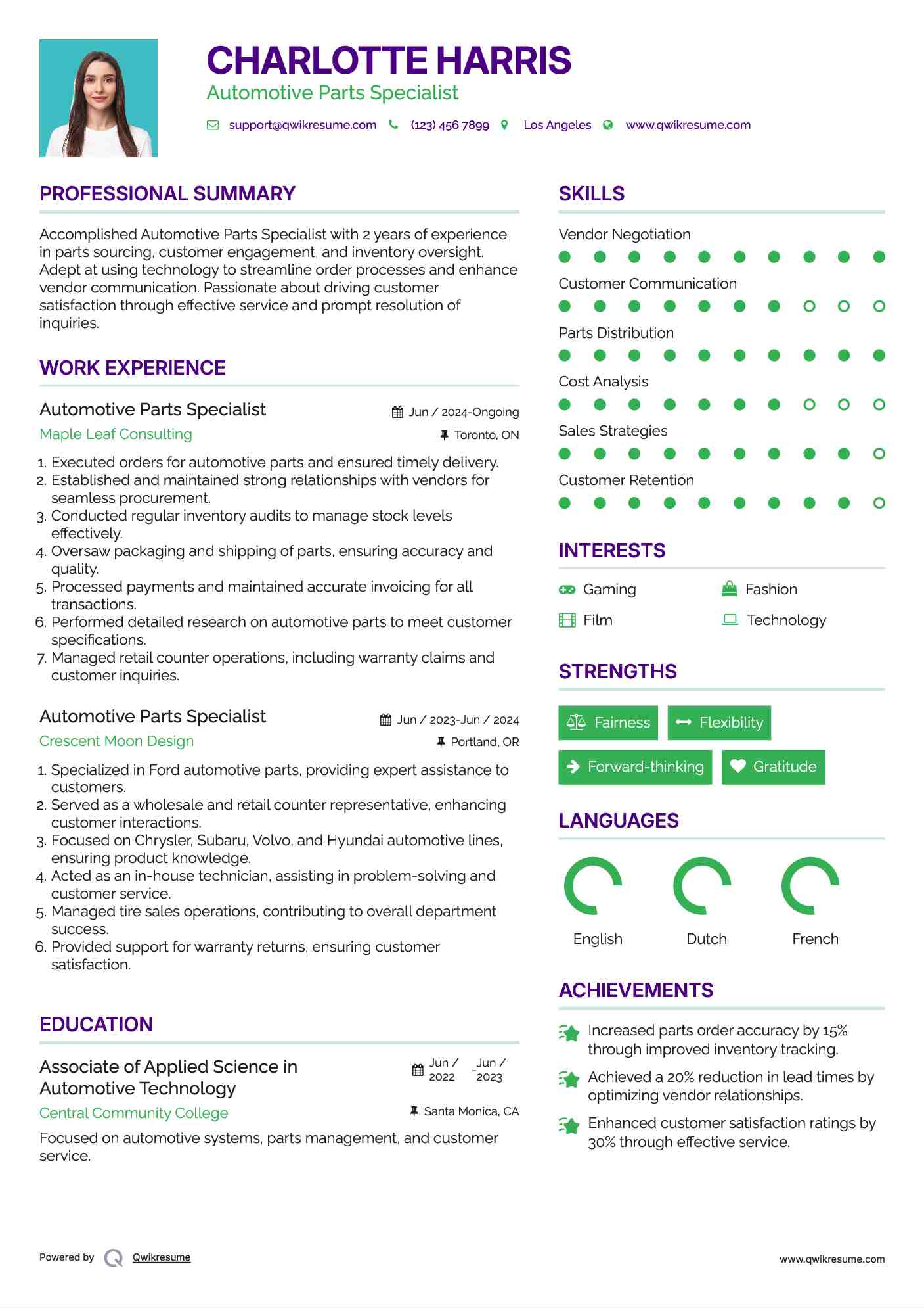 Automotive Parts Specialist Resume Format