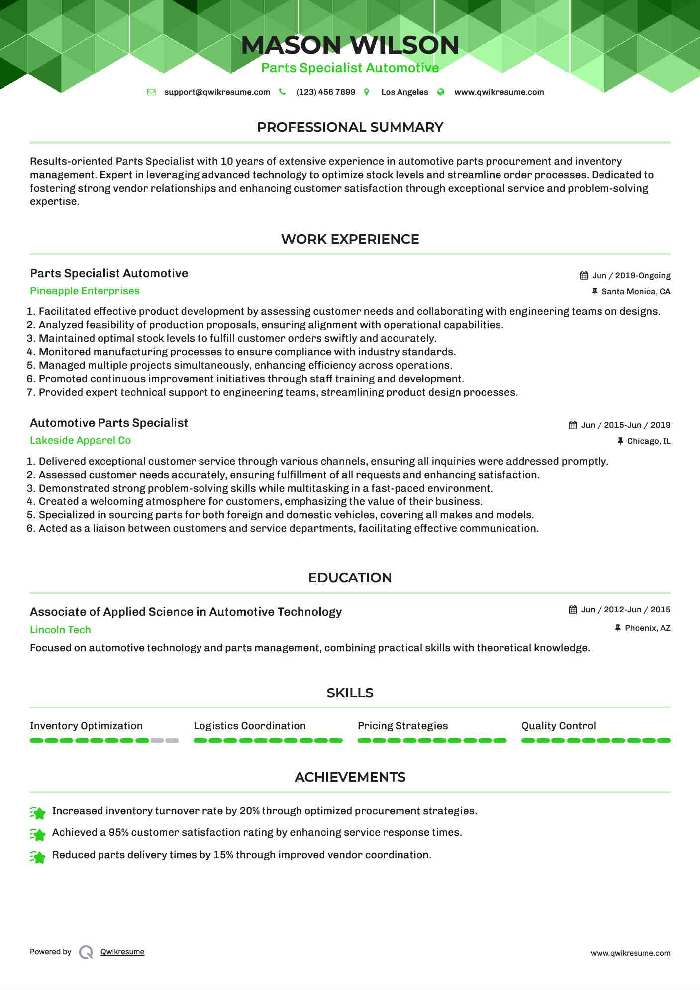 Parts Specialist Automotive Resume Example