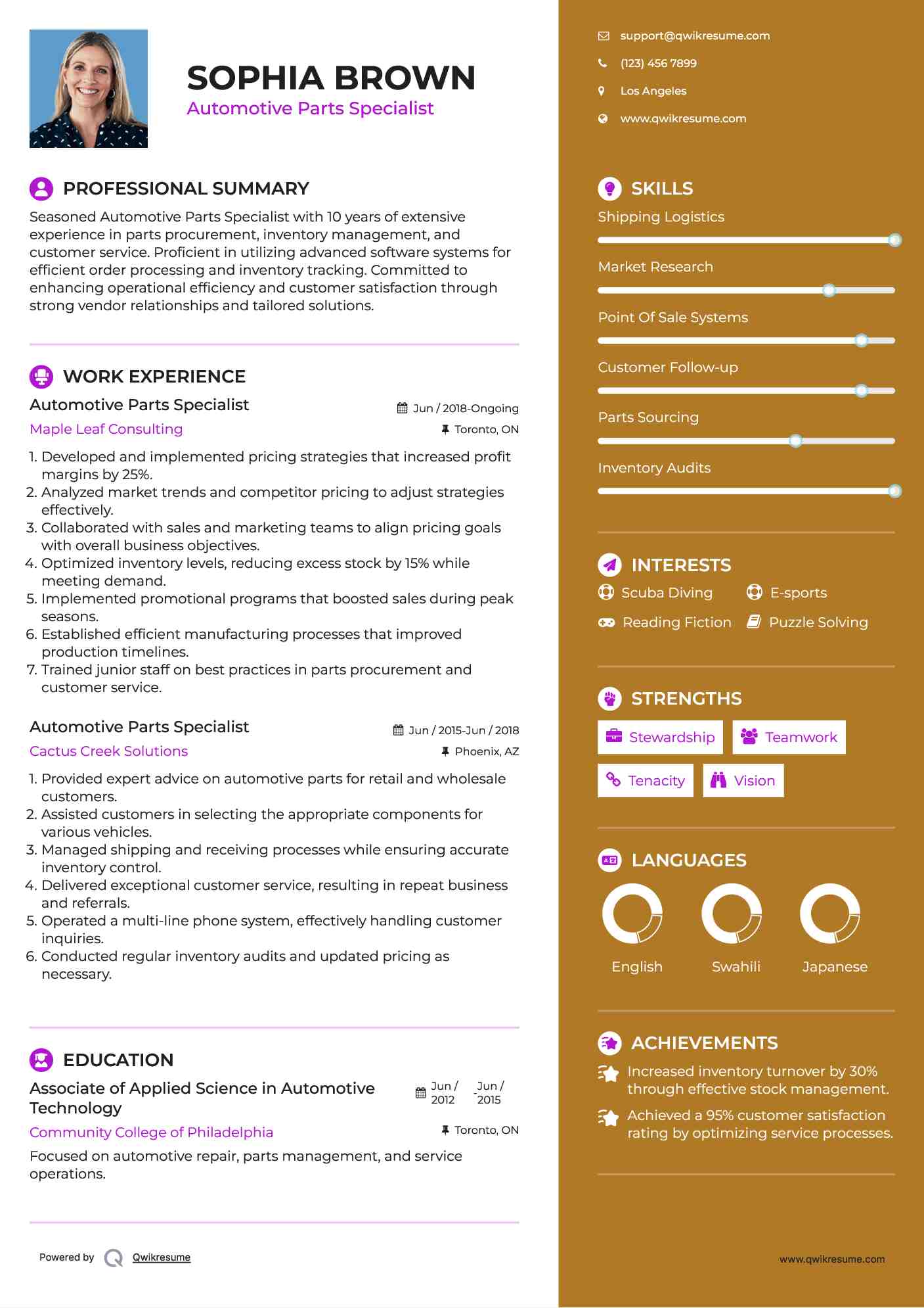 Automotive Parts Specialist Resume Model
