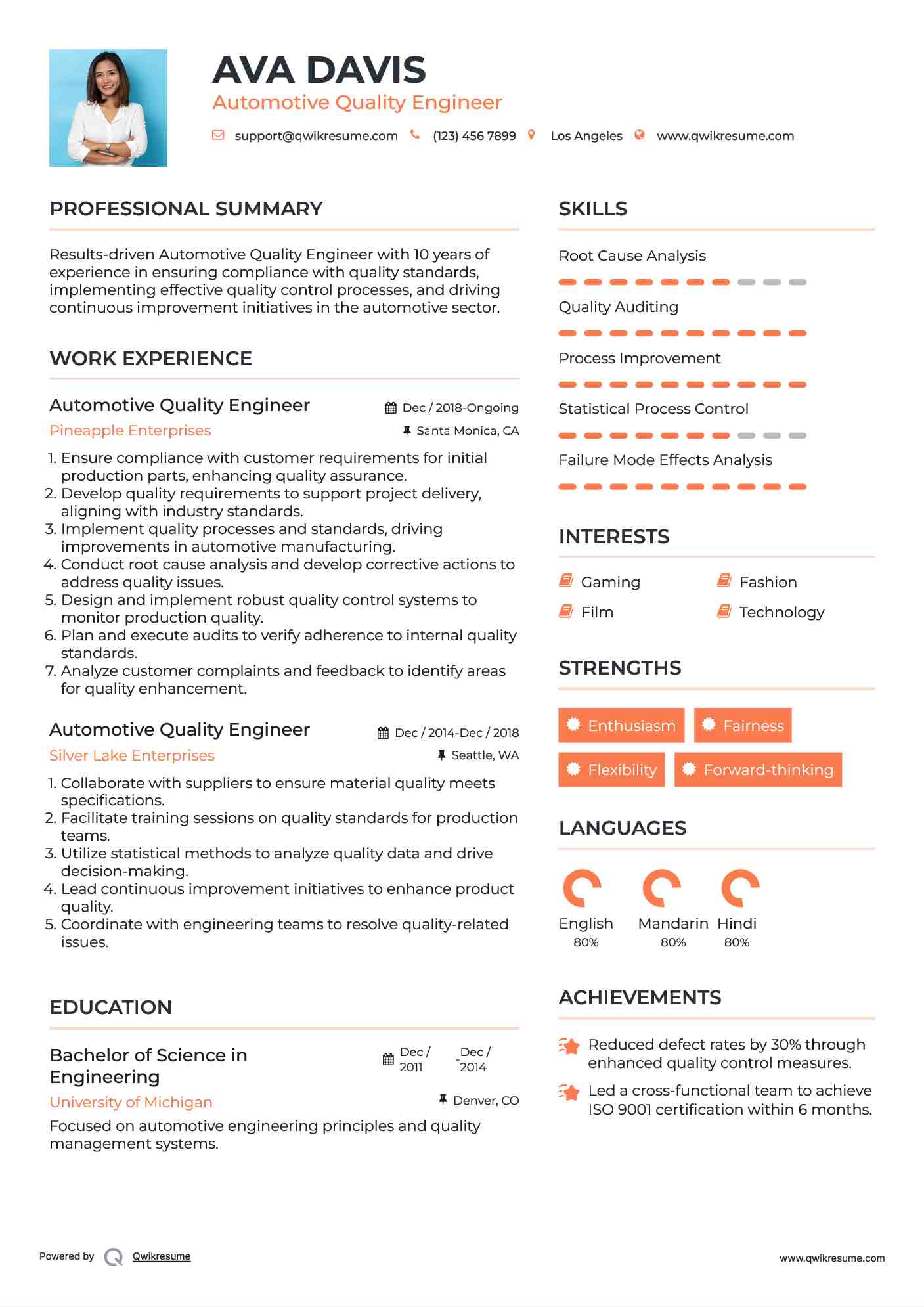 Automotive Quality Engineer Resume Samples QwikResume