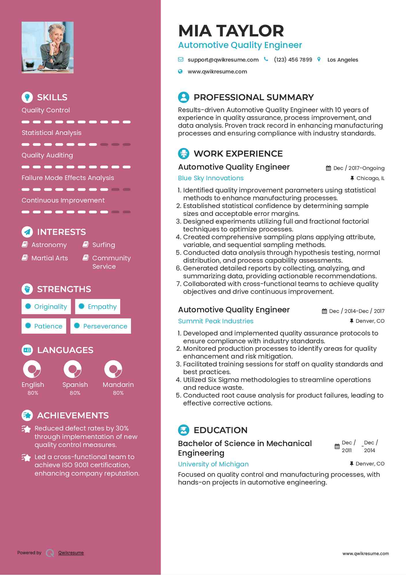 Automotive Quality Engineer Resume Samples QwikResume