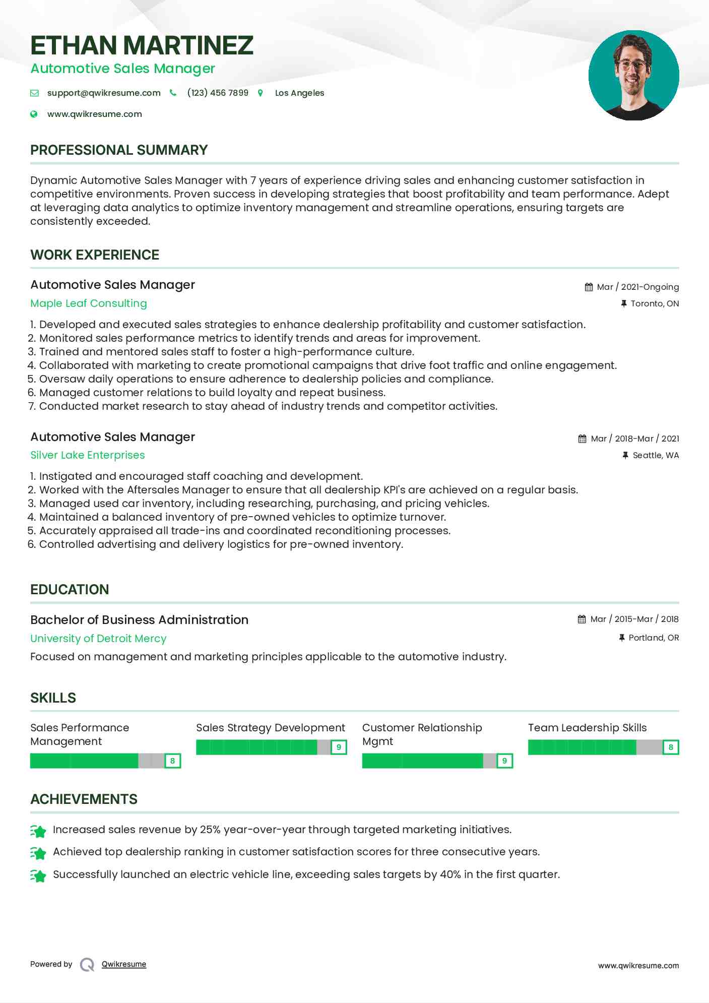 Automotive Sales Manager Resume Format