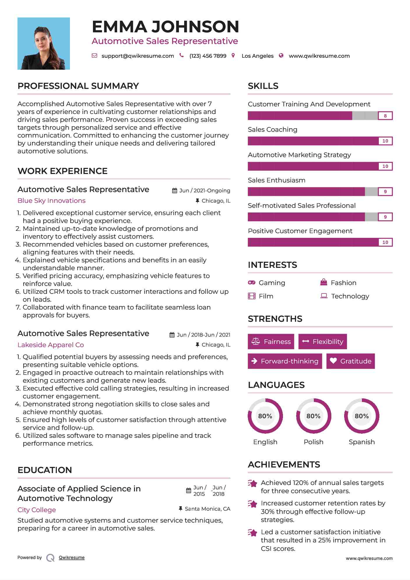 Automotive Sales Representative Resume Example