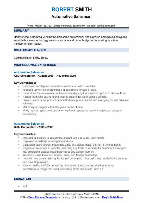 Automotive Salesman Resume Samples QwikResume