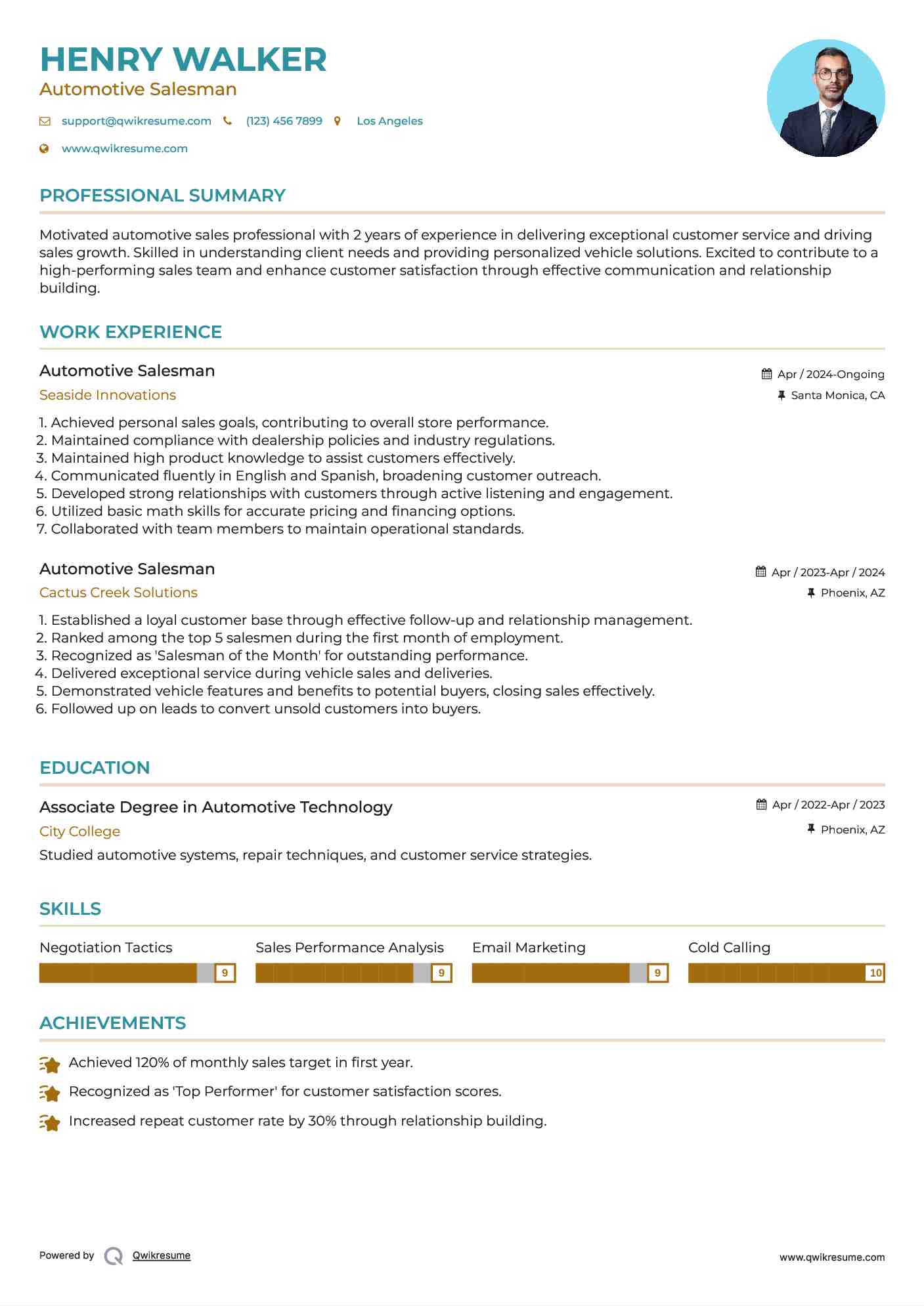 Automotive Salesman Resume Model