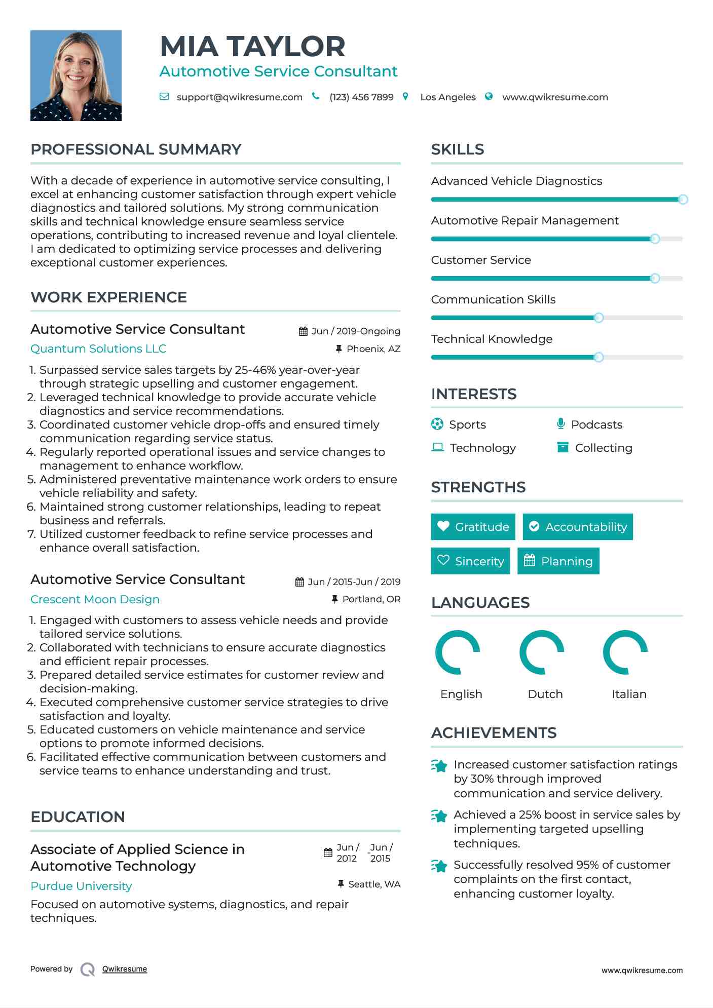 Automotive Service Consultant Resume Sample