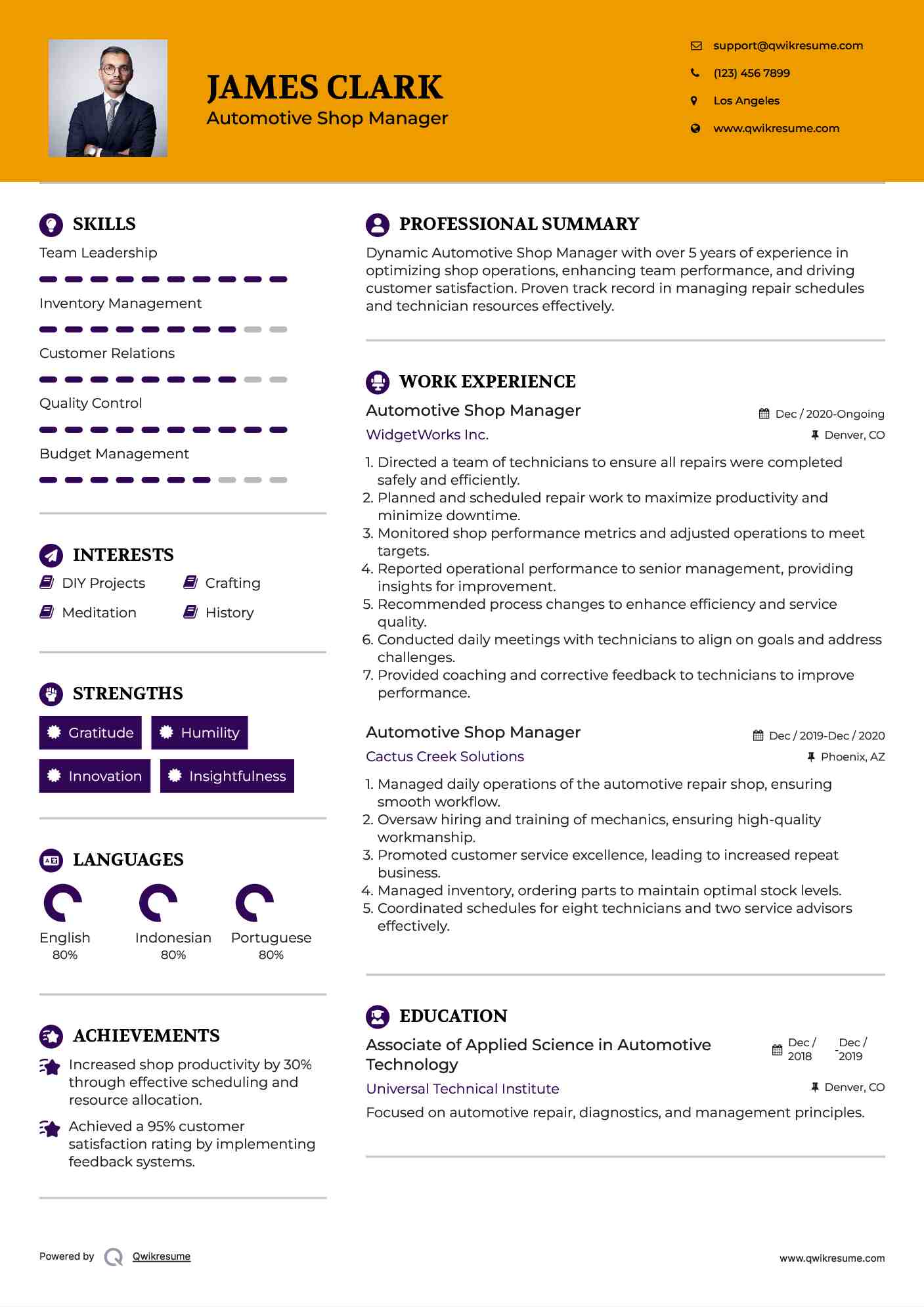 Automotive Shop Manager Resume Samples QwikResume