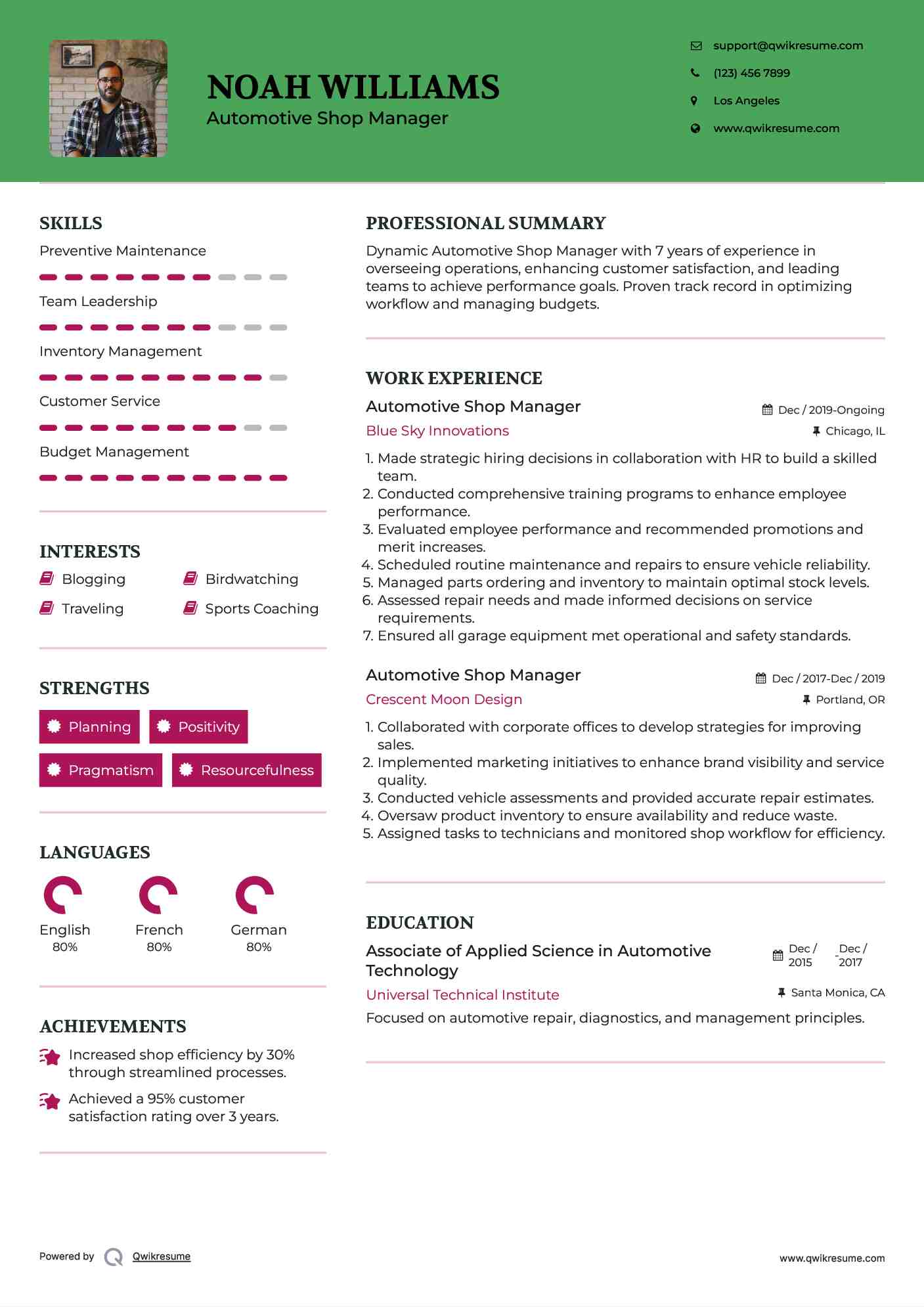 Automotive Shop Manager Resume Sample