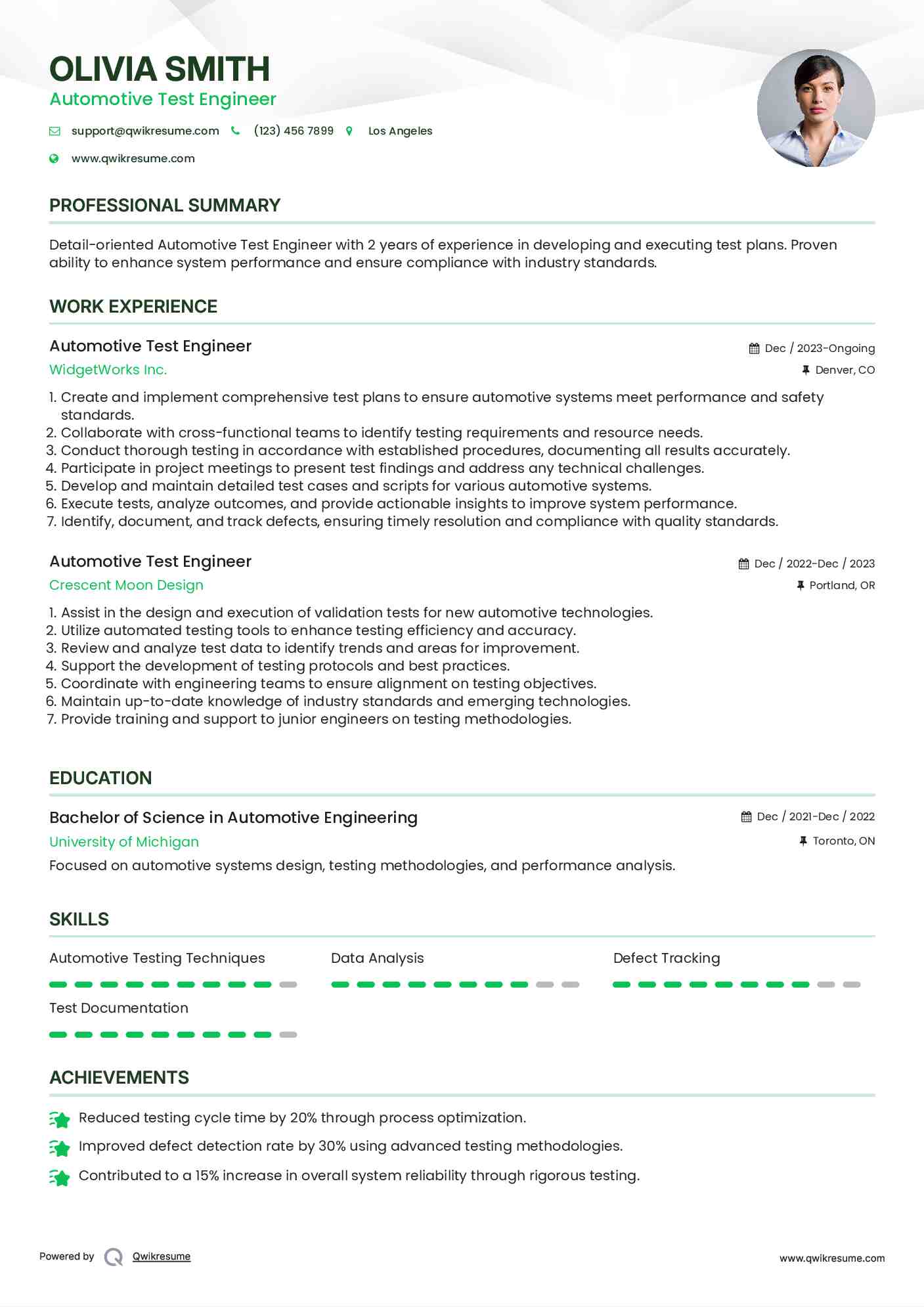 Automotive Test Engineer Resume Sample