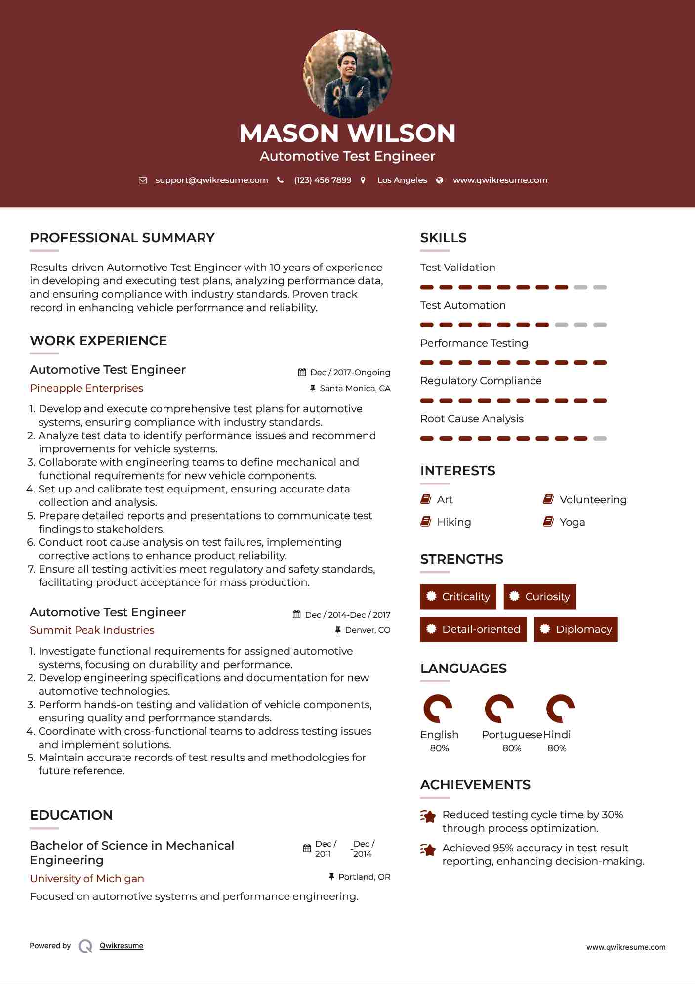 Automotive Test Engineer Resume Samples QwikResume