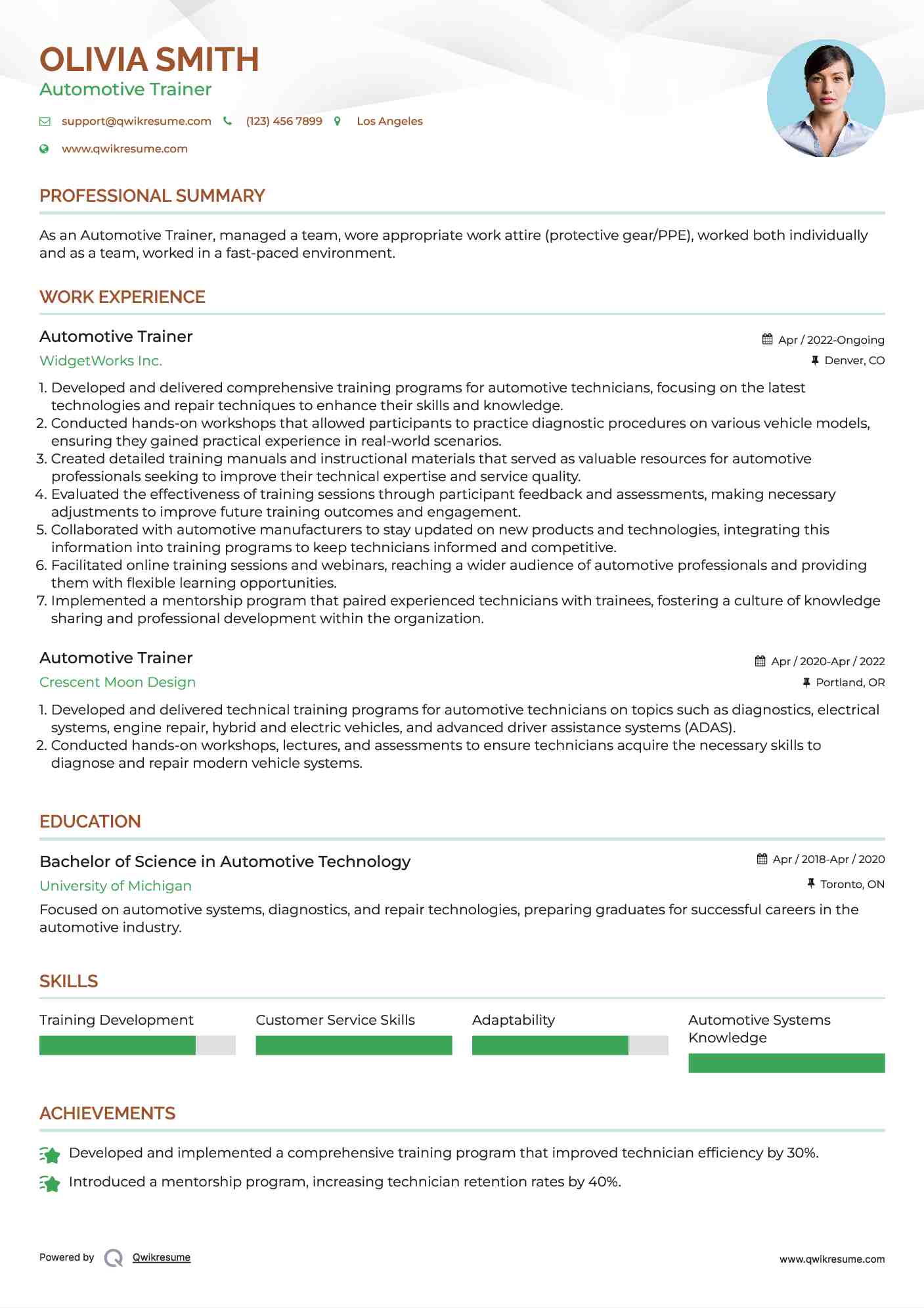 Automotive Trainer Resume Template