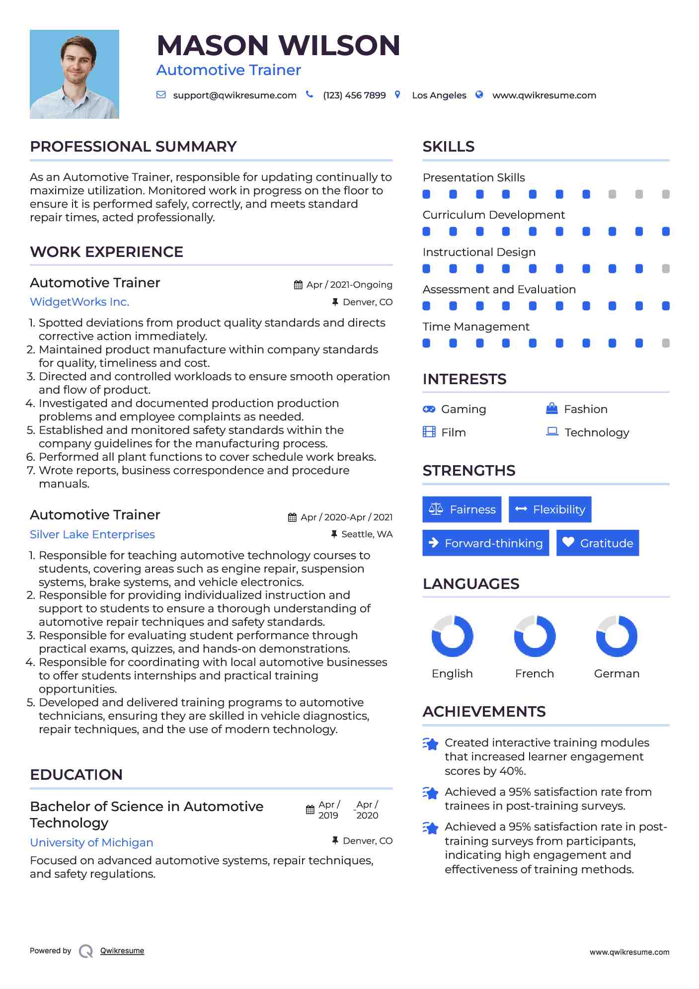 Automotive Trainer Resume Example