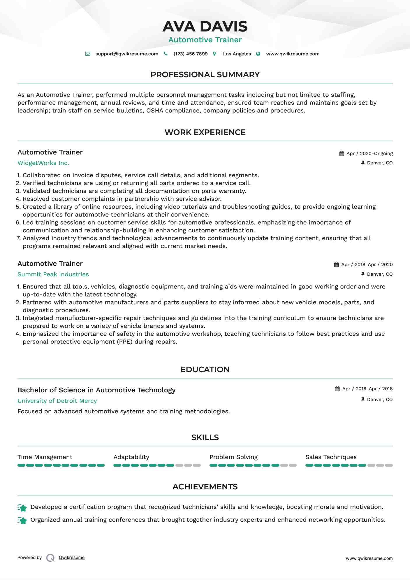 Automotive Trainer Resume Template